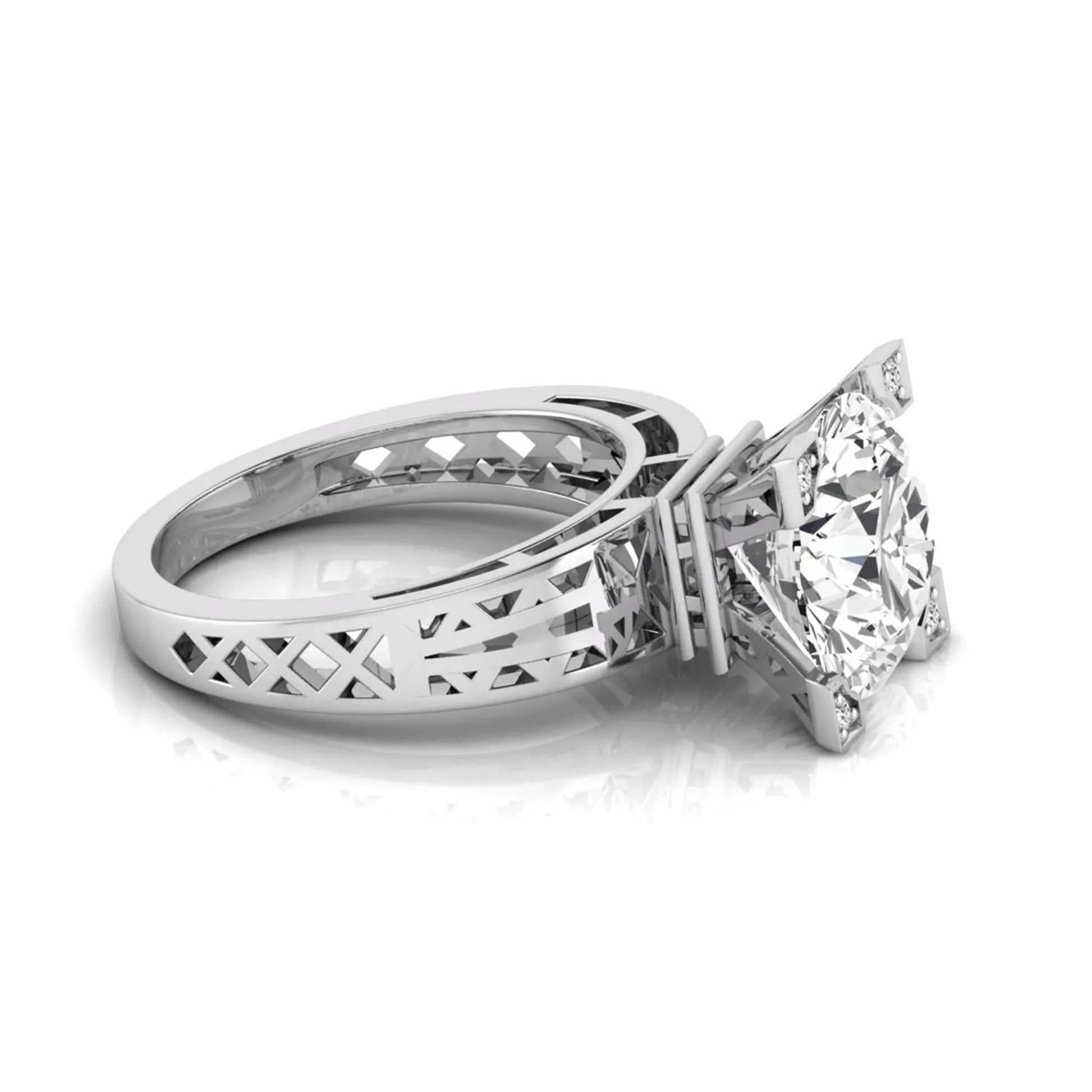 Round cut lab grown diamond engagement ring featuring a four-prong setting with round accent diamonds and a geometric white gold style openwork band.