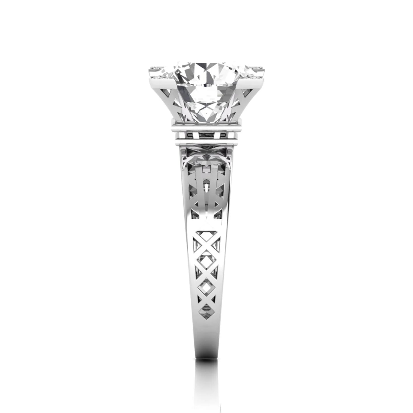 Round cut lab grown diamond engagement ring featuring a four-prong setting with round accent diamonds and a geometric white gold style openwork band.