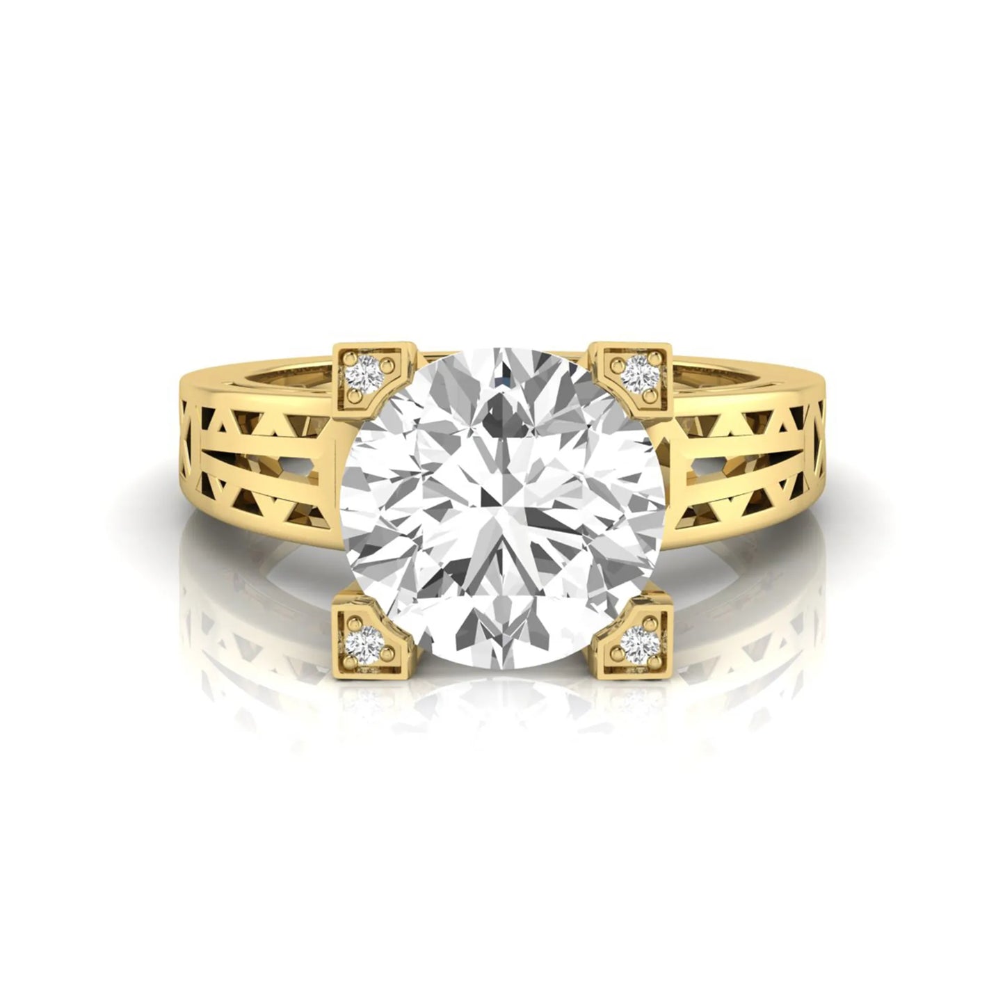 Round cut lab grown diamond engagement ring featuring a four-prong setting with round accent diamonds and a geometric yellow gold style openwork band.