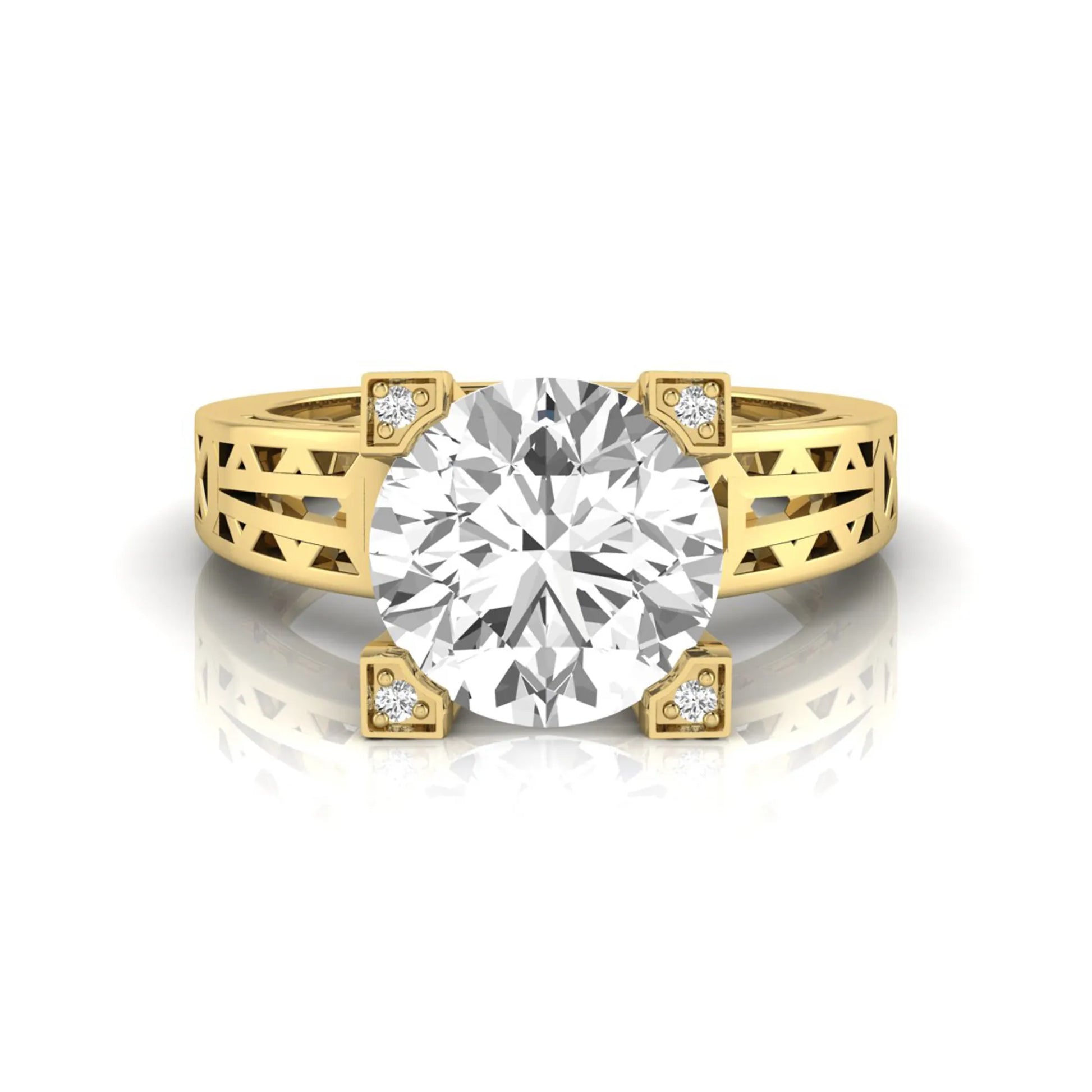 Round cut lab grown diamond engagement ring featuring a four-prong setting with round accent diamonds and a geometric yellow gold style openwork band.