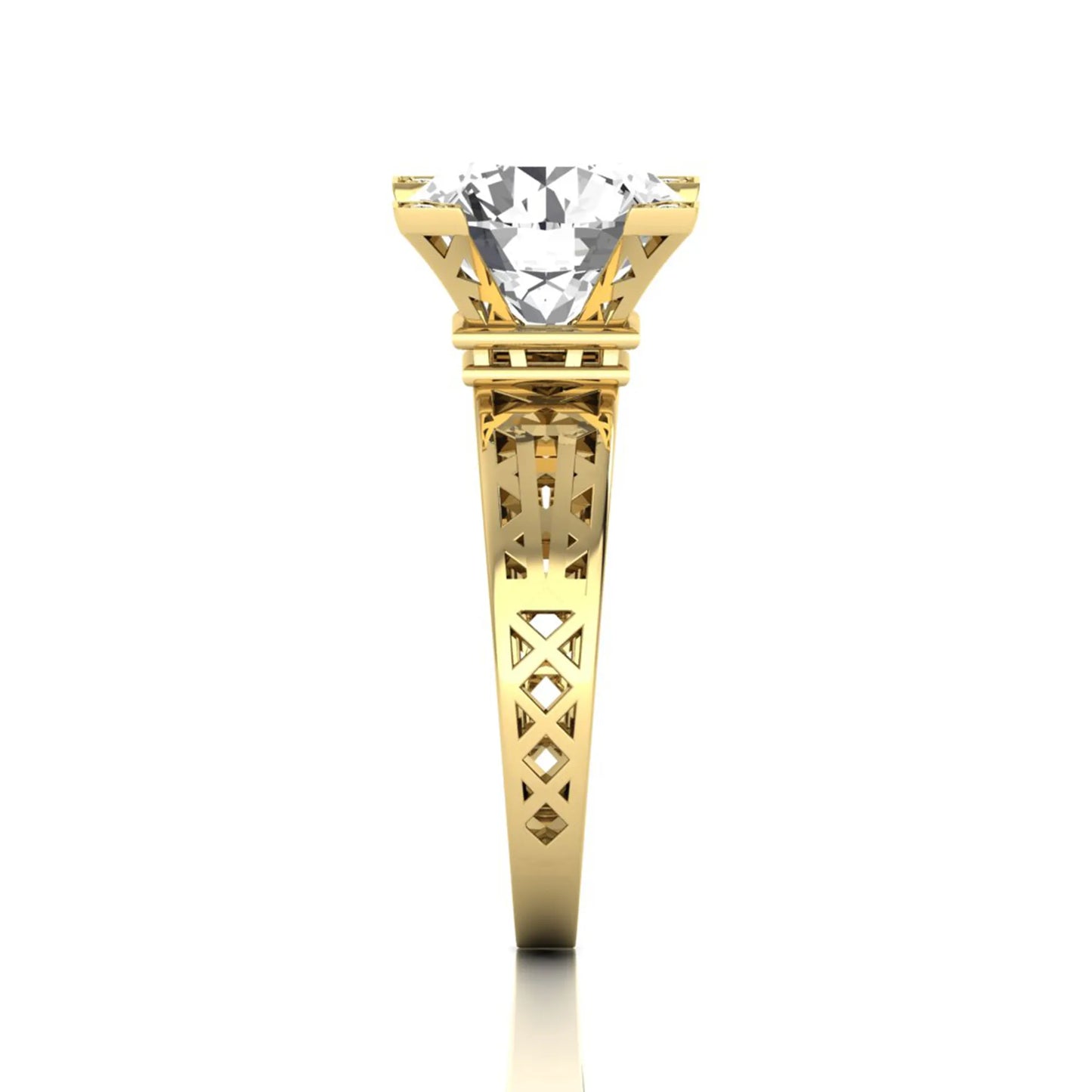 Round cut lab grown diamond engagement ring featuring a four-prong setting with round accent diamonds and a geometric yellow gold style openwork band.