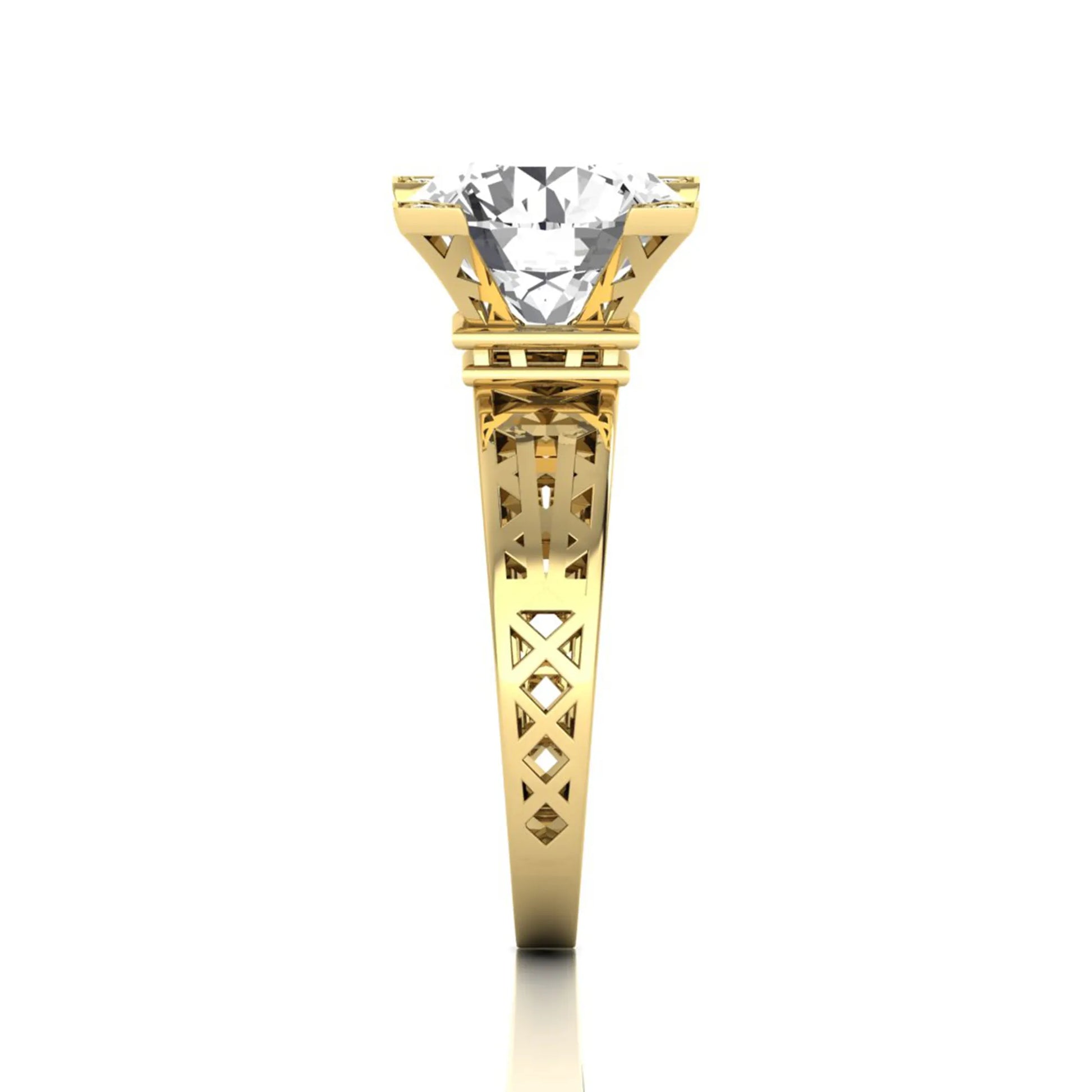 Round cut lab grown diamond engagement ring featuring a four-prong setting with round accent diamonds and a geometric yellow gold style openwork band.