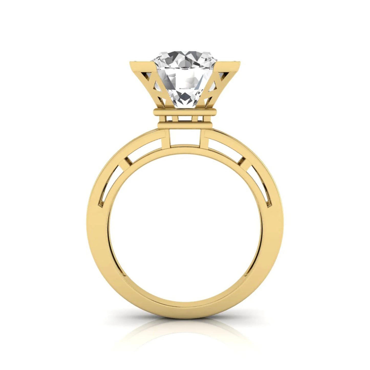 Round cut lab grown diamond engagement ring featuring a four-prong setting with round accent diamonds and a geometric yellow gold style openwork band.