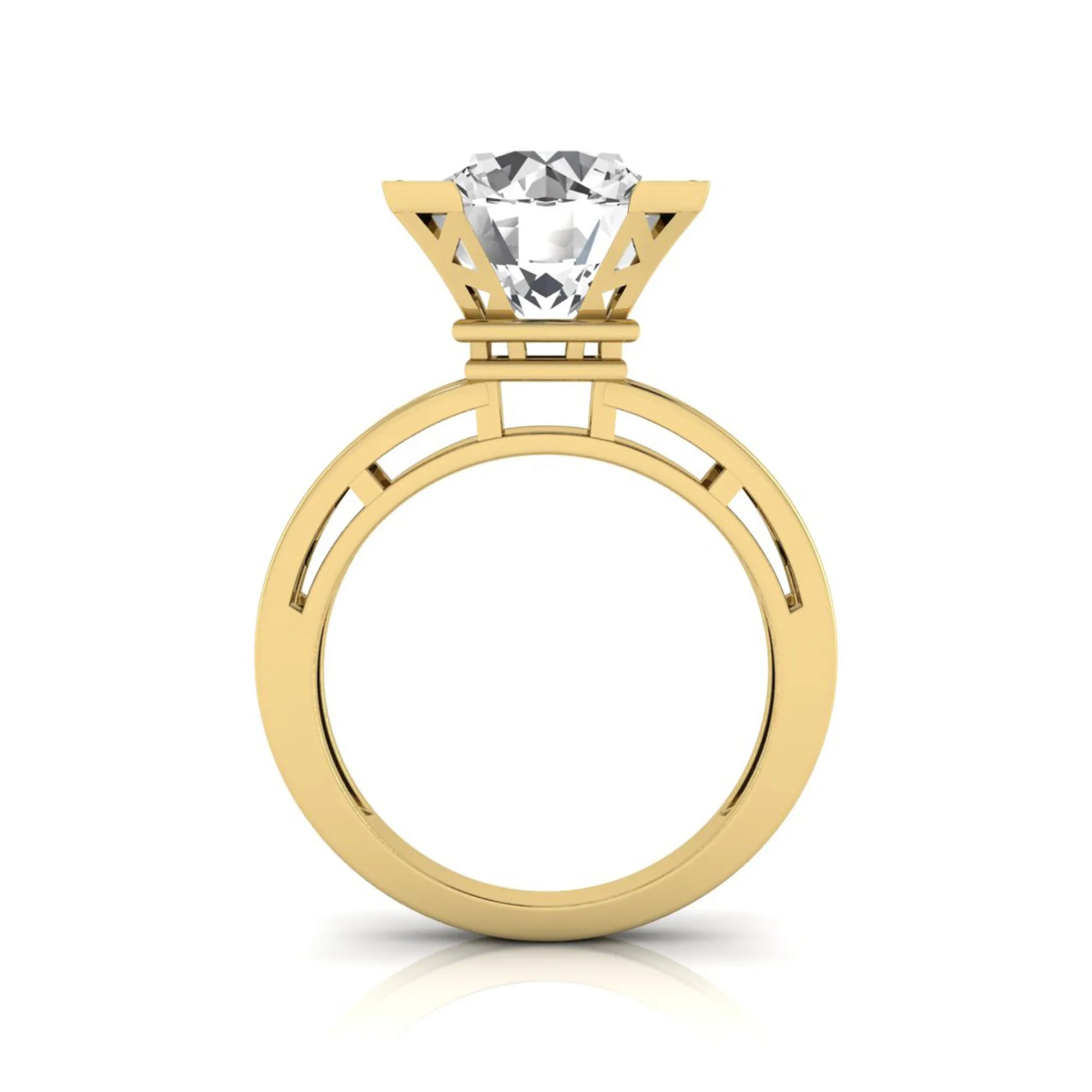 Round cut lab grown diamond engagement ring featuring a four-prong setting with round accent diamonds and a geometric yellow gold style openwork band.