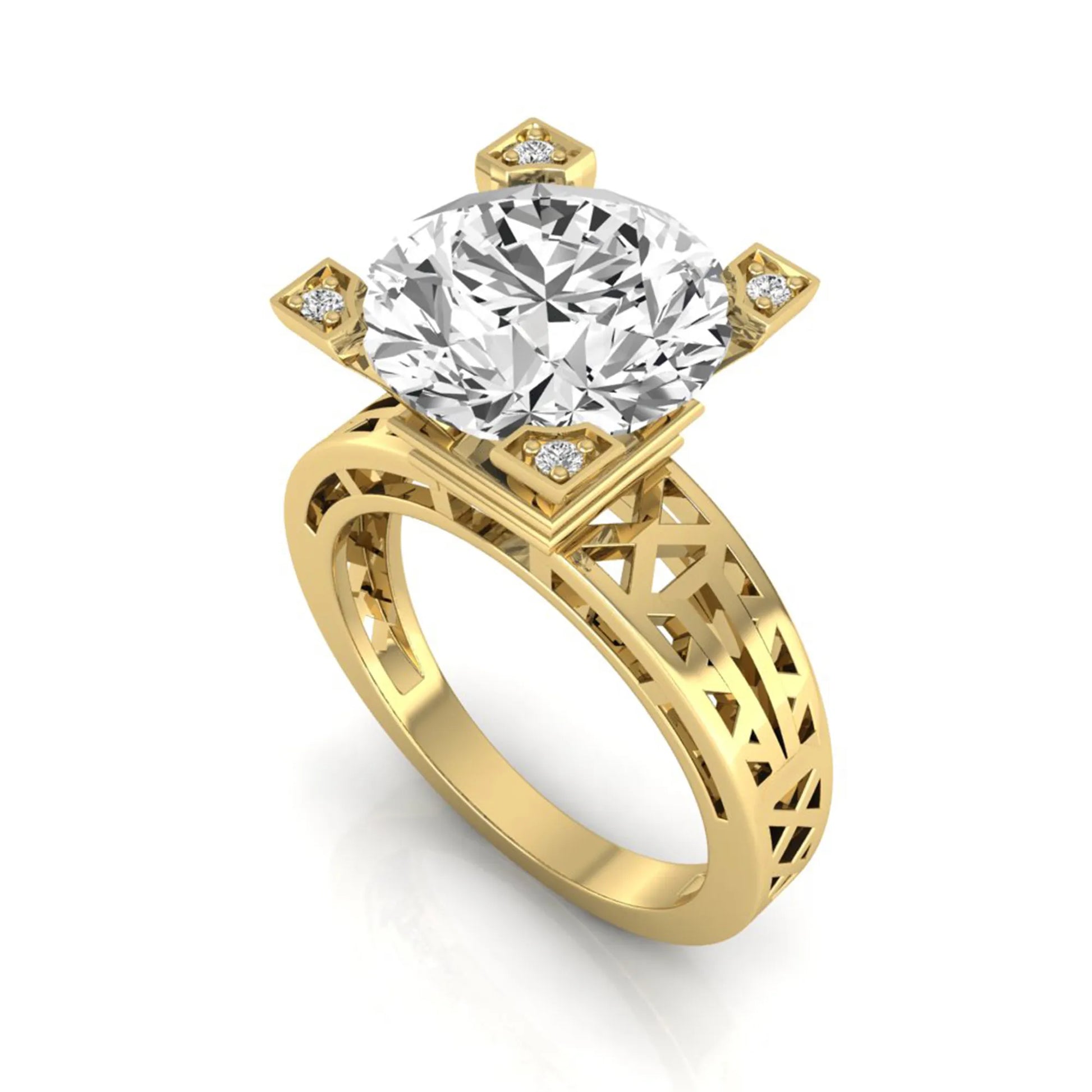 Round cut lab grown diamond engagement ring featuring a four-prong setting with round accent diamonds and a geometric yellow gold style openwork band.