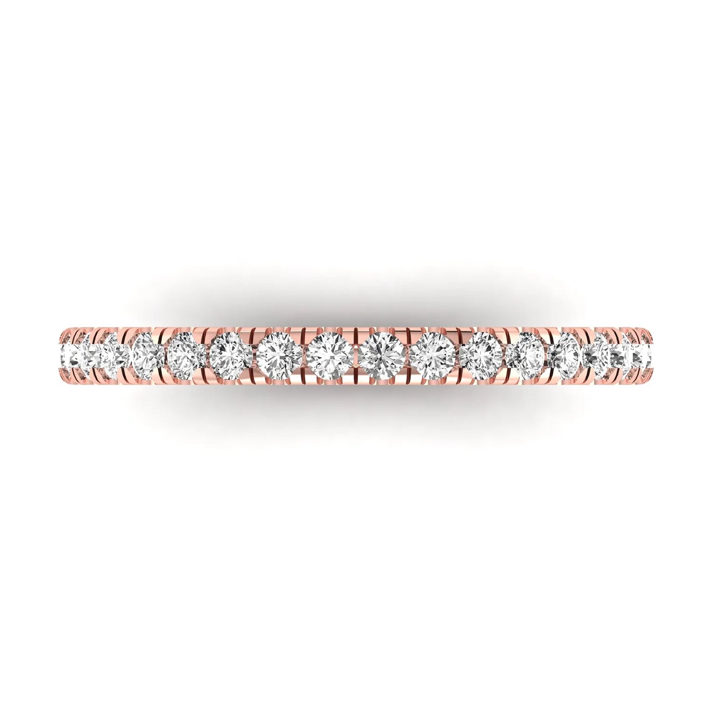 Round prong set lab grown diamond half eternity band ring featuring round diamonds in an elegant stackable wedding band design in rose gold