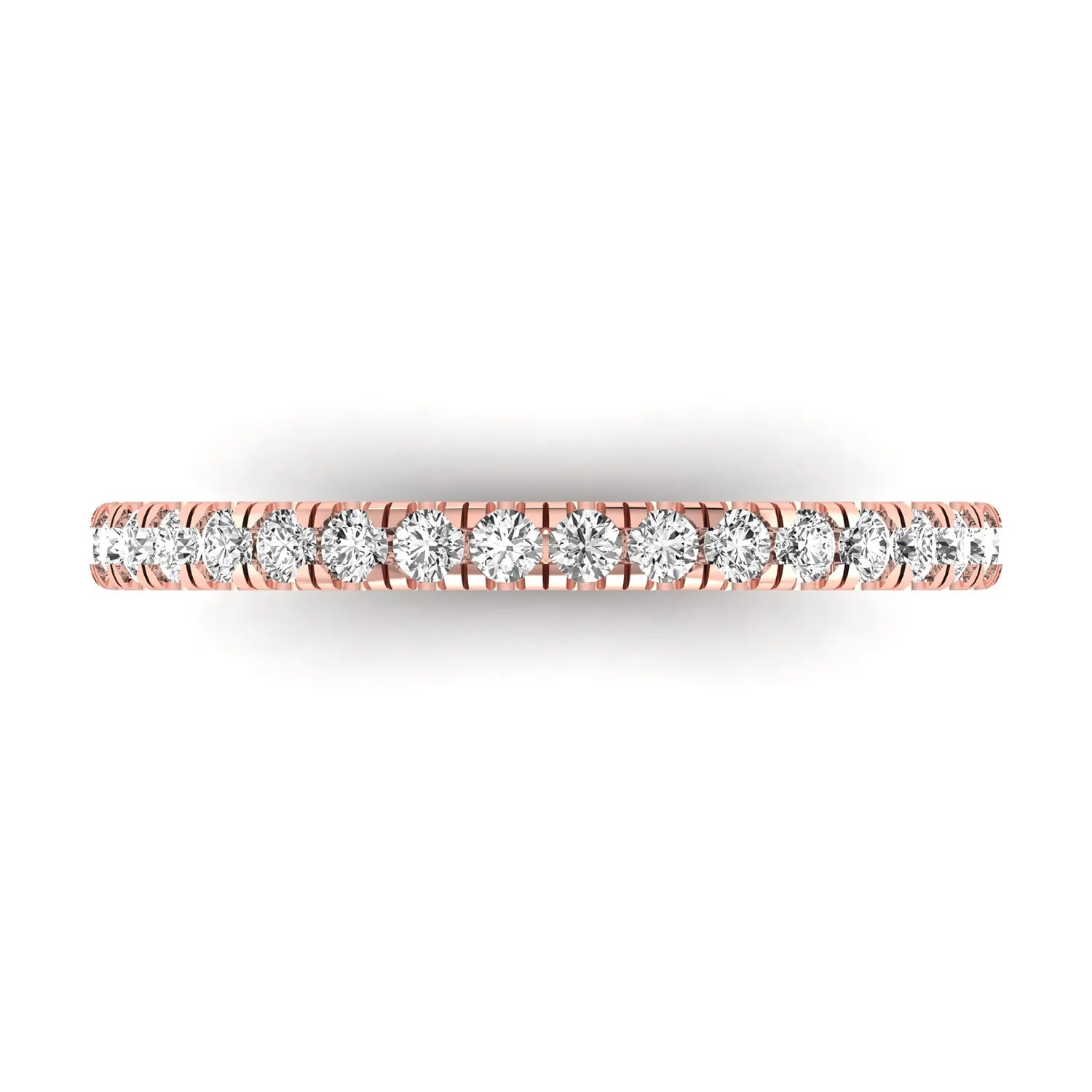 Round prong set lab grown diamond half eternity band ring featuring round diamonds in an elegant stackable wedding band design in rose gold