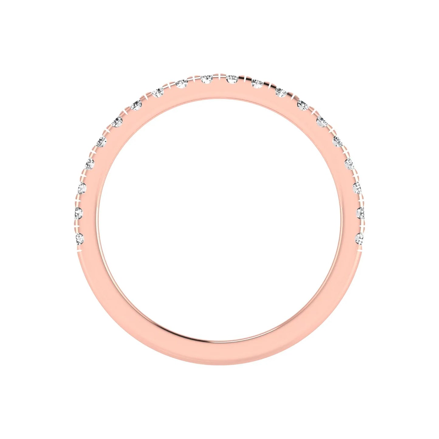 Round prong set lab grown diamond half eternity band ring featuring round diamonds in an elegant stackable wedding band design in rose gold
