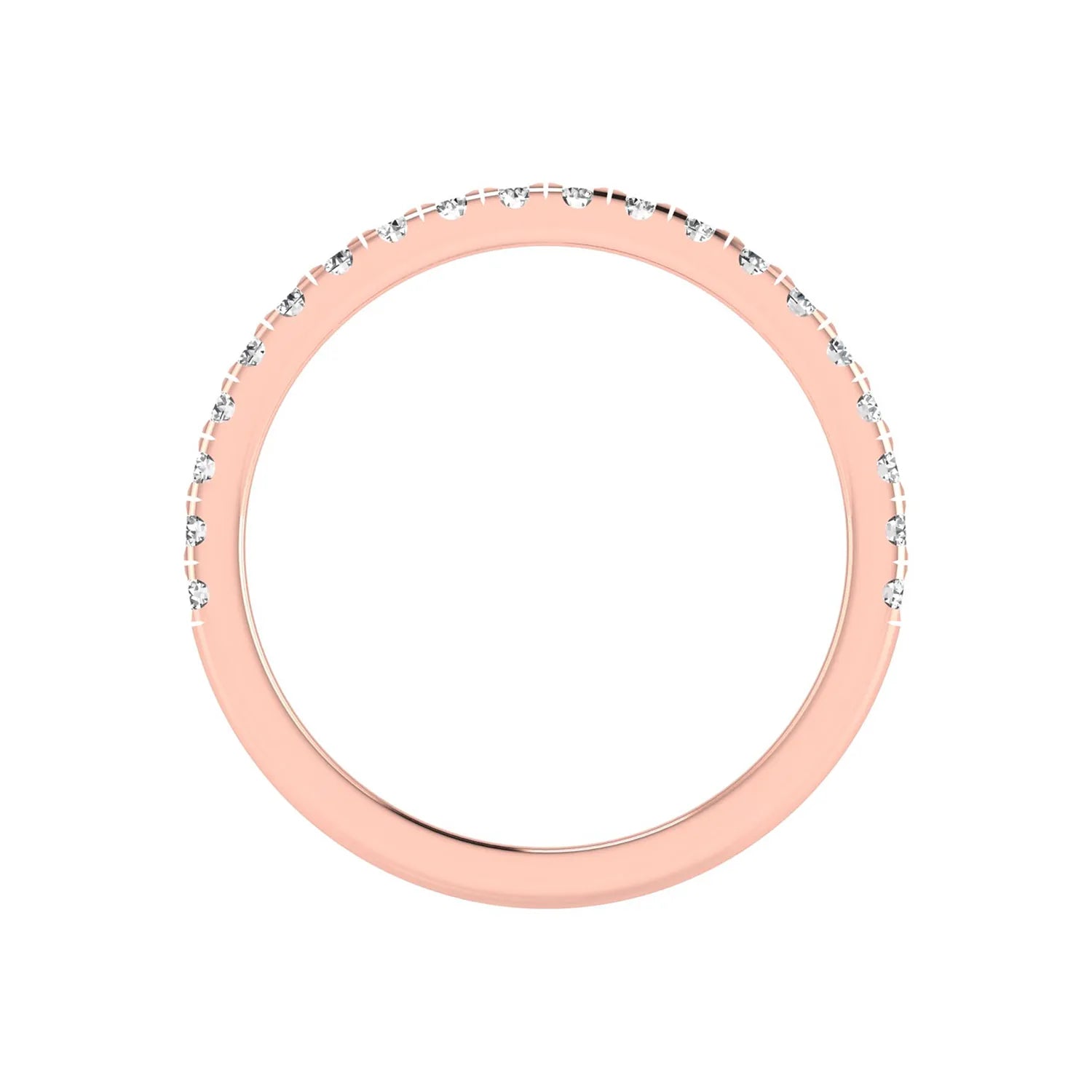 Round prong set lab grown diamond half eternity band ring featuring round diamonds in an elegant stackable wedding band design in rose gold