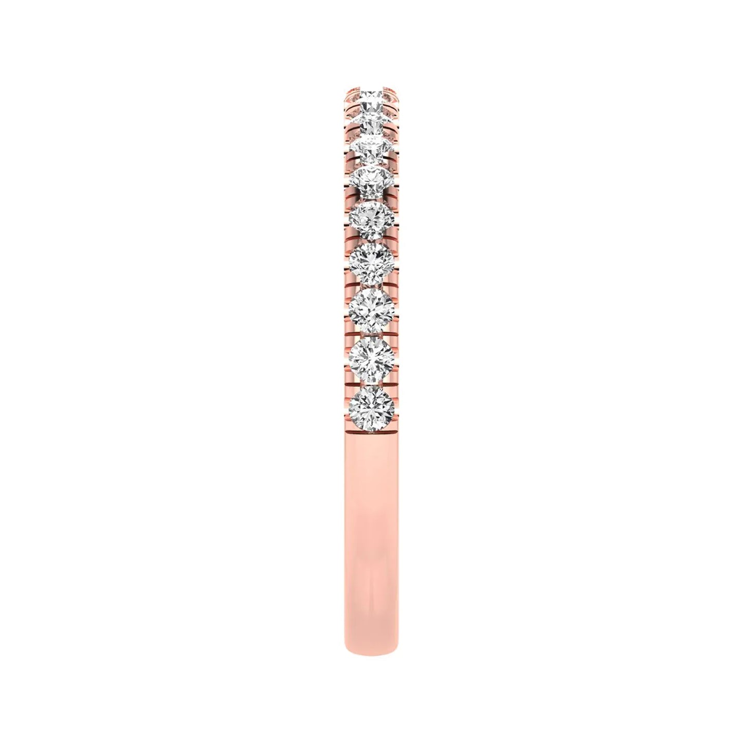 Round prong set lab grown diamond half eternity band ring featuring round diamonds in an elegant stackable wedding band design in rose gold
