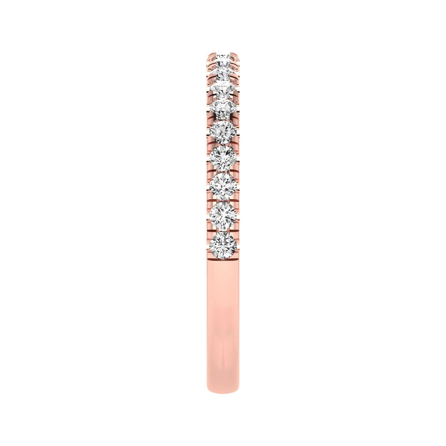 Round prong set lab grown diamond half eternity band ring featuring round diamonds in an elegant stackable wedding band design in rose gold