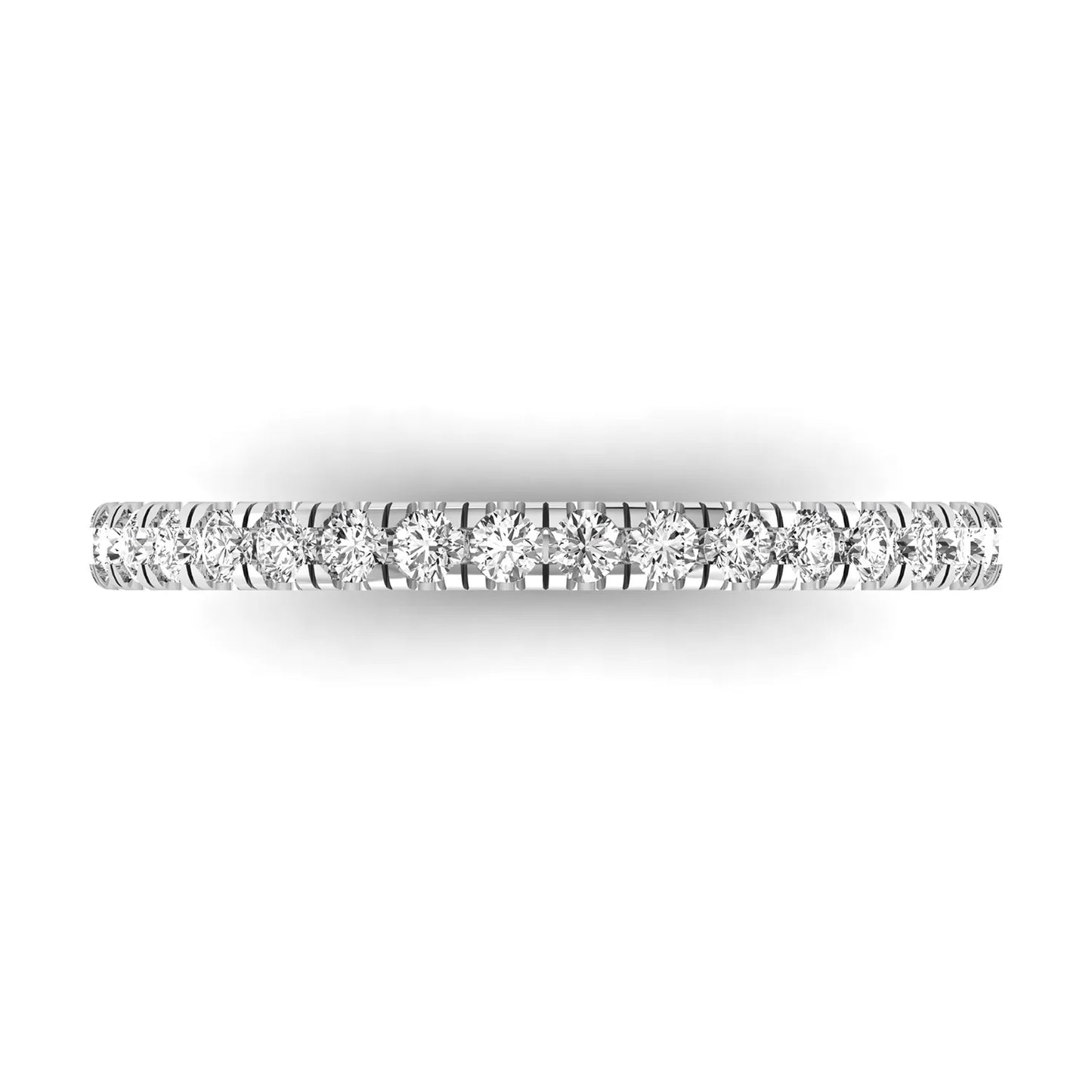 Round prong set lab grown diamond half eternity band ring featuring round diamonds in an elegant stackable wedding band design in white gold