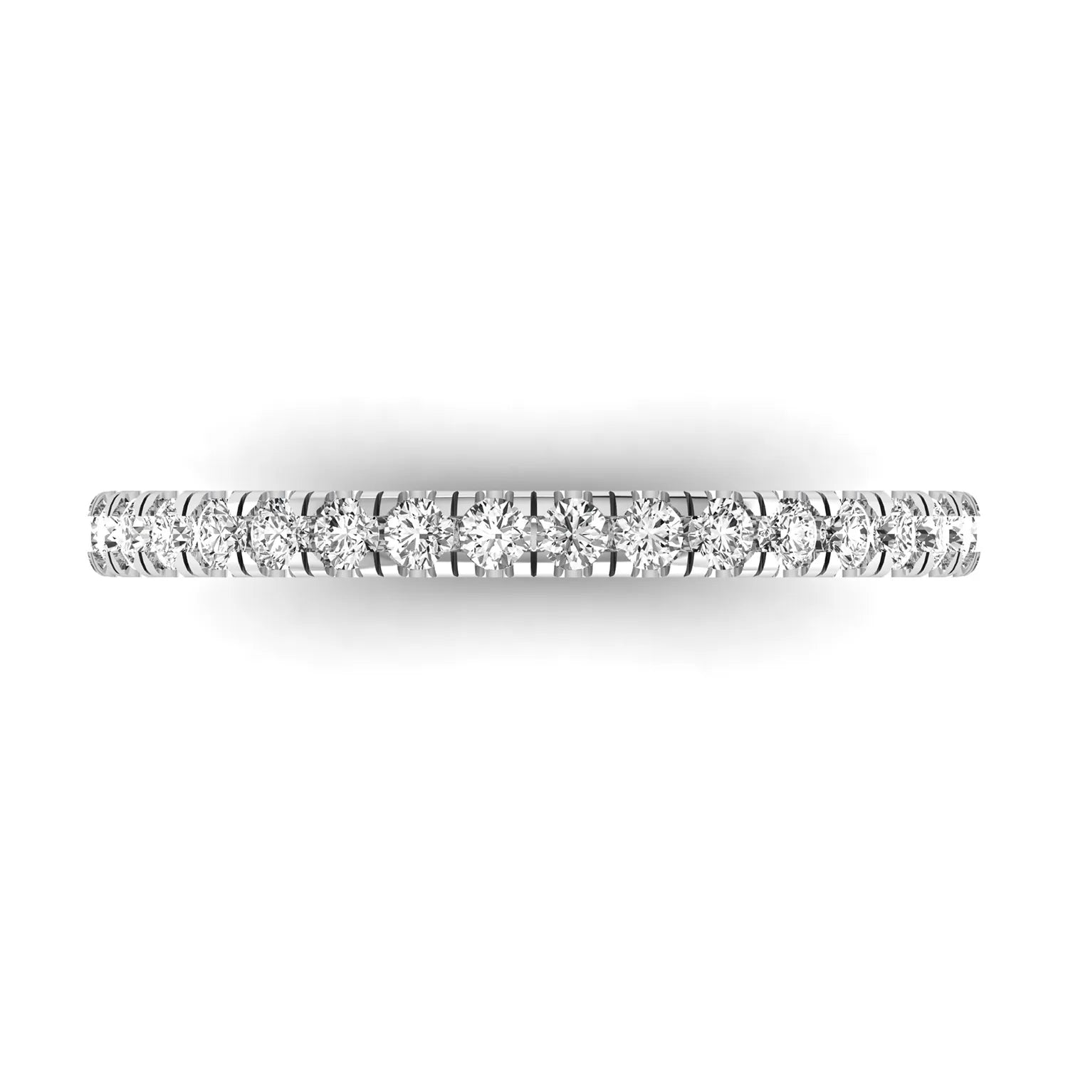 Round prong set lab grown diamond half eternity band ring featuring round diamonds in an elegant stackable wedding band design in white gold