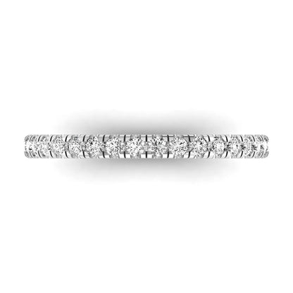 Round prong set lab grown diamond half eternity band ring featuring round diamonds in an elegant stackable wedding band design in white gold
