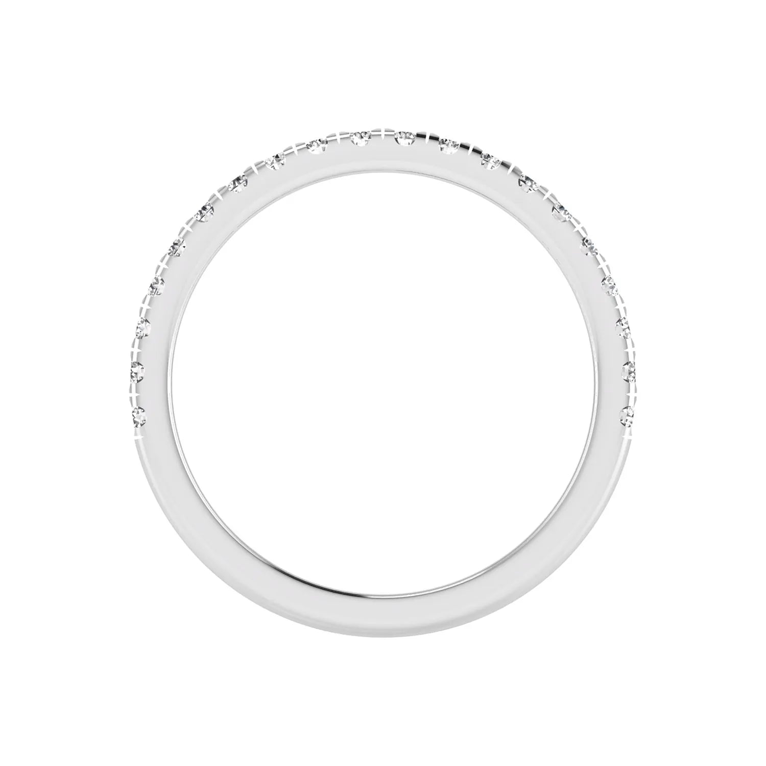 Round prong set lab grown diamond half eternity band ring featuring round diamonds in an elegant stackable wedding band design in white gold