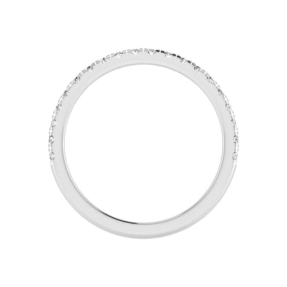 Round prong set lab grown diamond half eternity band ring featuring round diamonds in an elegant stackable wedding band design in white gold