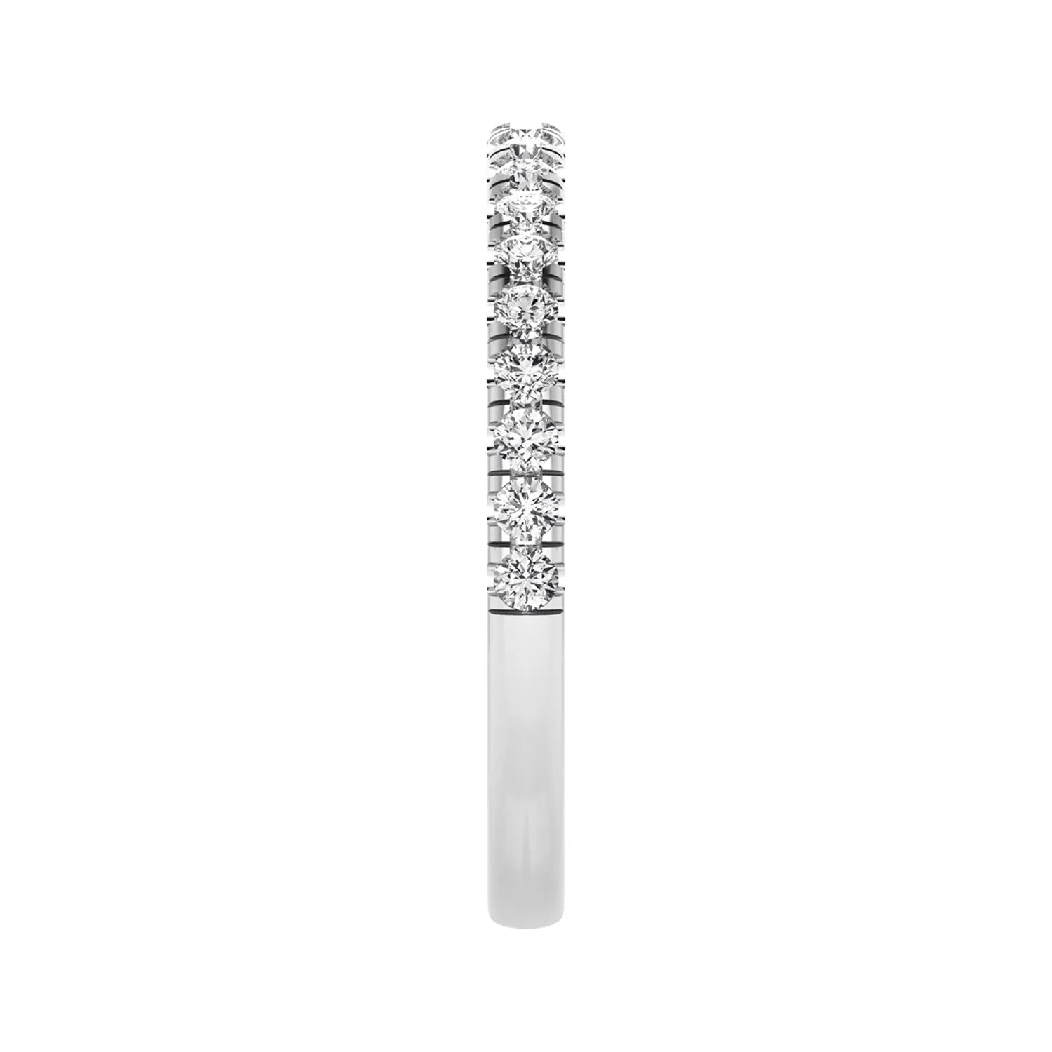 Round prong set lab grown diamond half eternity band ring featuring round diamonds in an elegant stackable wedding band design in white gold