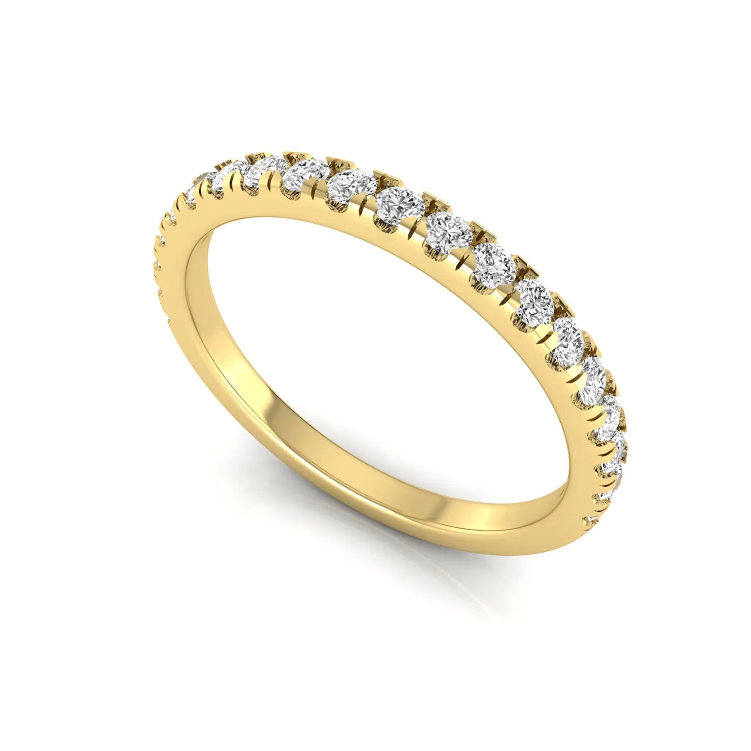 Round prong set lab grown diamond half eternity band ring featuring round diamonds in an elegant stackable wedding band design in yellow gold