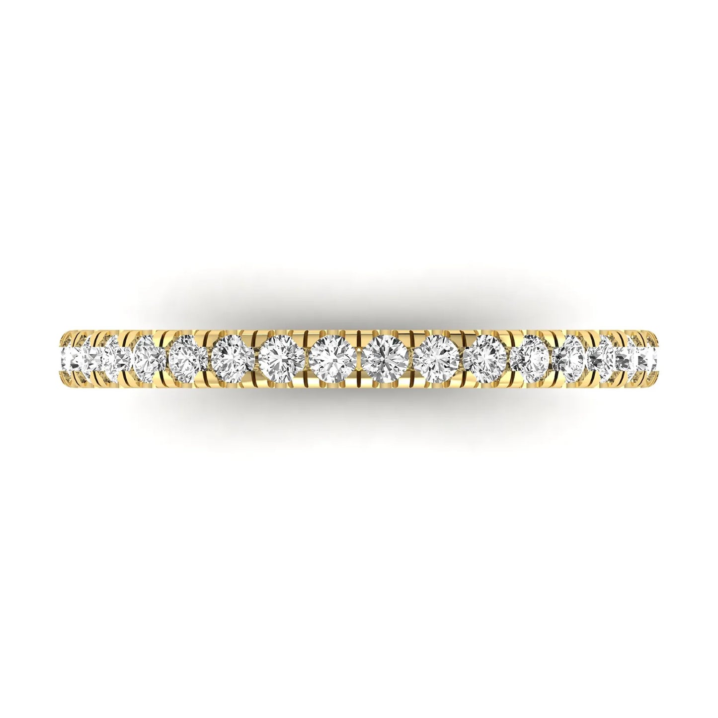 Round prong set lab grown diamond half eternity band ring featuring round diamonds in an elegant stackable wedding band design in yellow gold