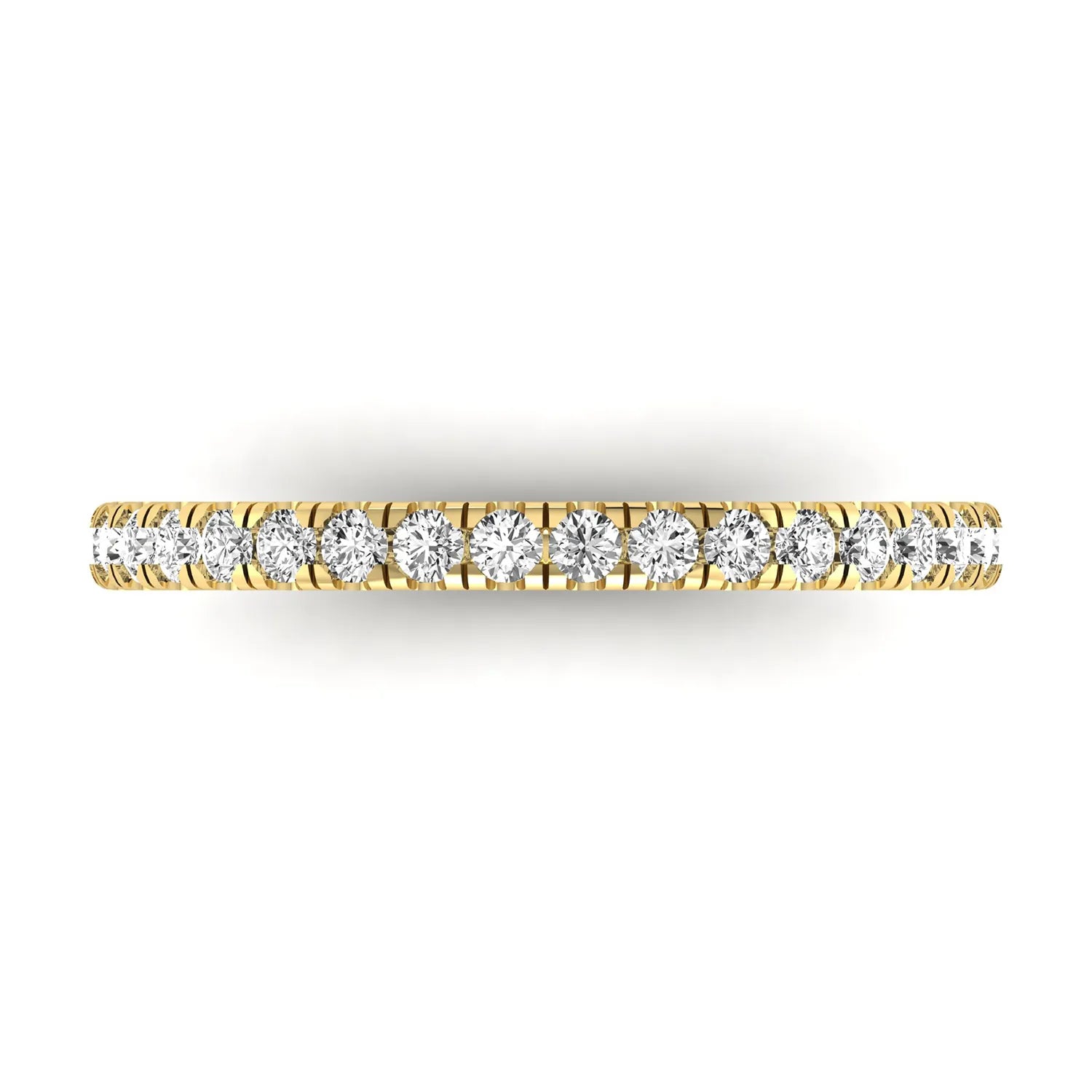 Round prong set lab grown diamond half eternity band ring featuring round diamonds in an elegant stackable wedding band design in yellow gold