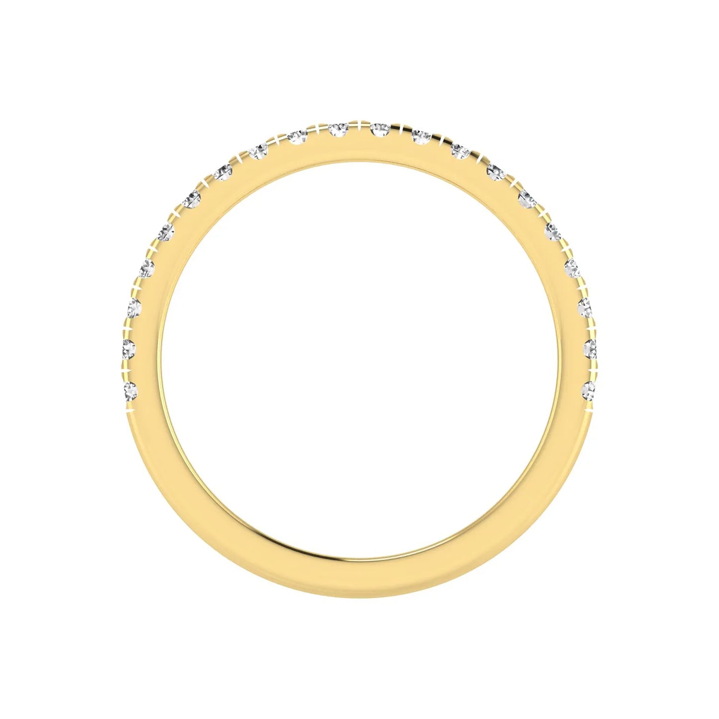 Round prong set lab grown diamond half eternity band ring featuring round diamonds in an elegant stackable wedding band design in yellow gold