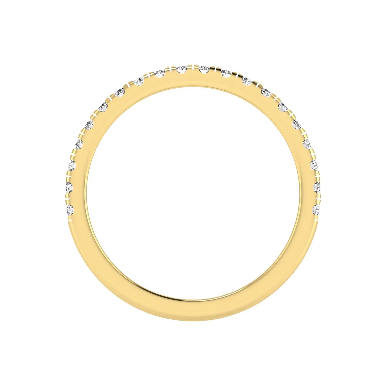 Round prong set lab grown diamond half eternity band ring featuring round diamonds in an elegant stackable wedding band design in yellow gold