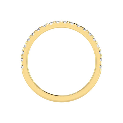 Round prong set lab grown diamond half eternity band ring featuring round diamonds in an elegant stackable wedding band design in yellow gold