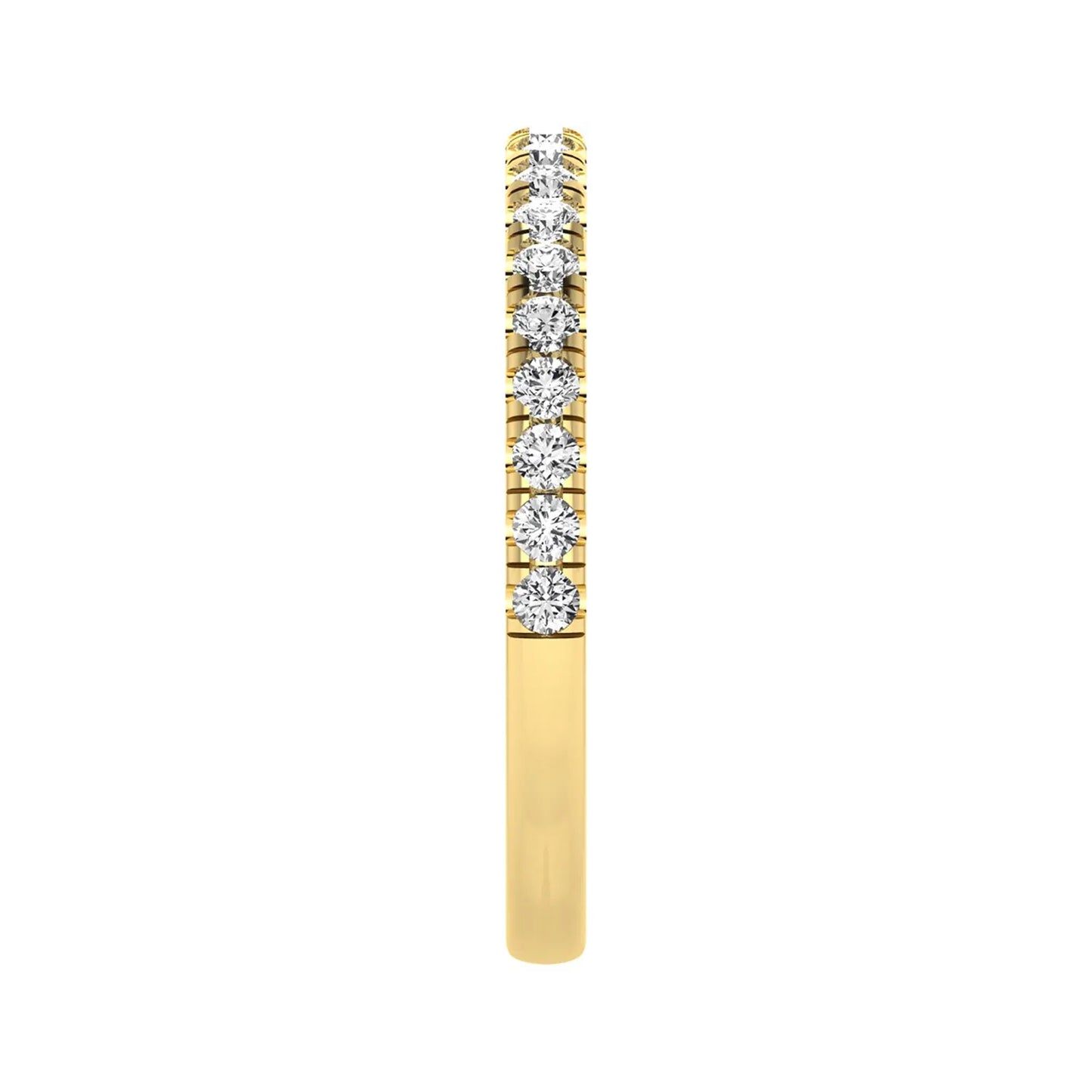 Round prong set lab grown diamond half eternity band ring featuring round diamonds in an elegant stackable wedding band design in yellow gold