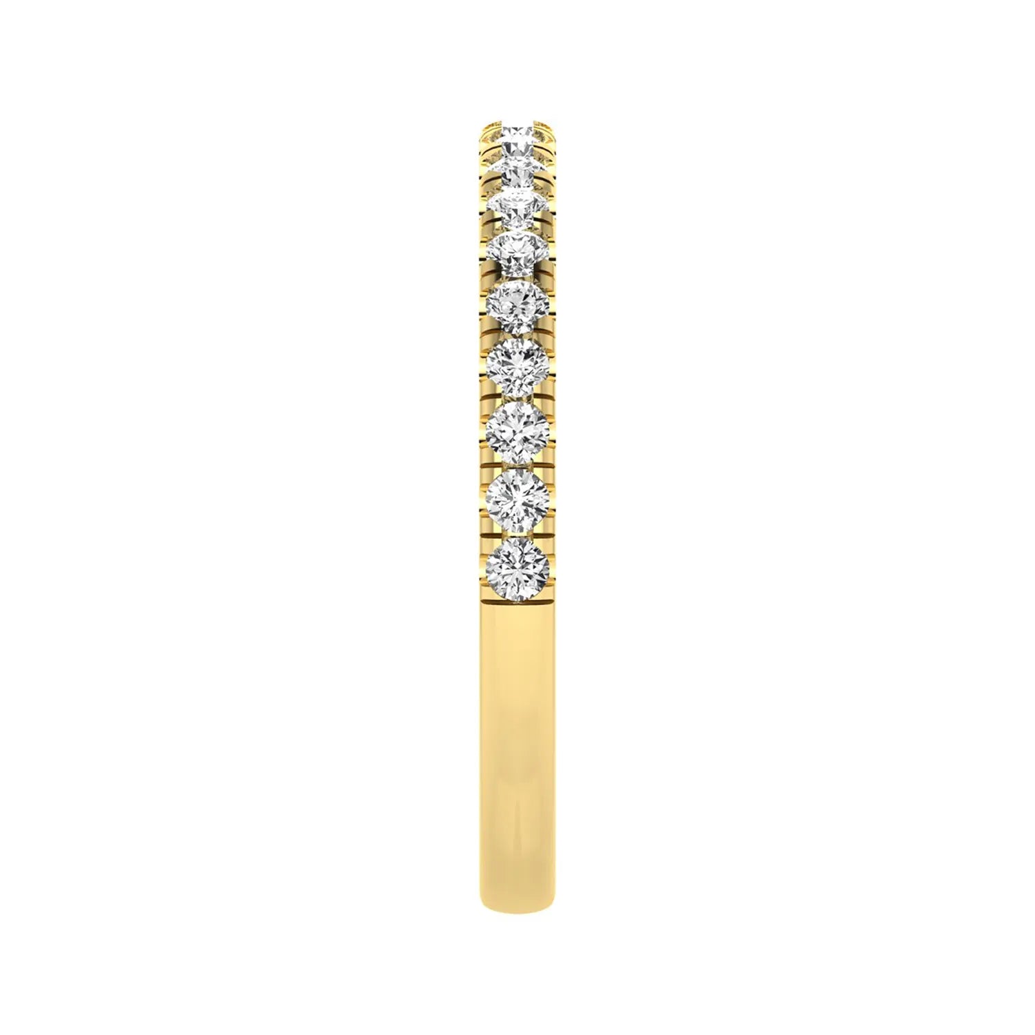 Round prong set lab grown diamond half eternity band ring featuring round diamonds in an elegant stackable wedding band design in yellow gold