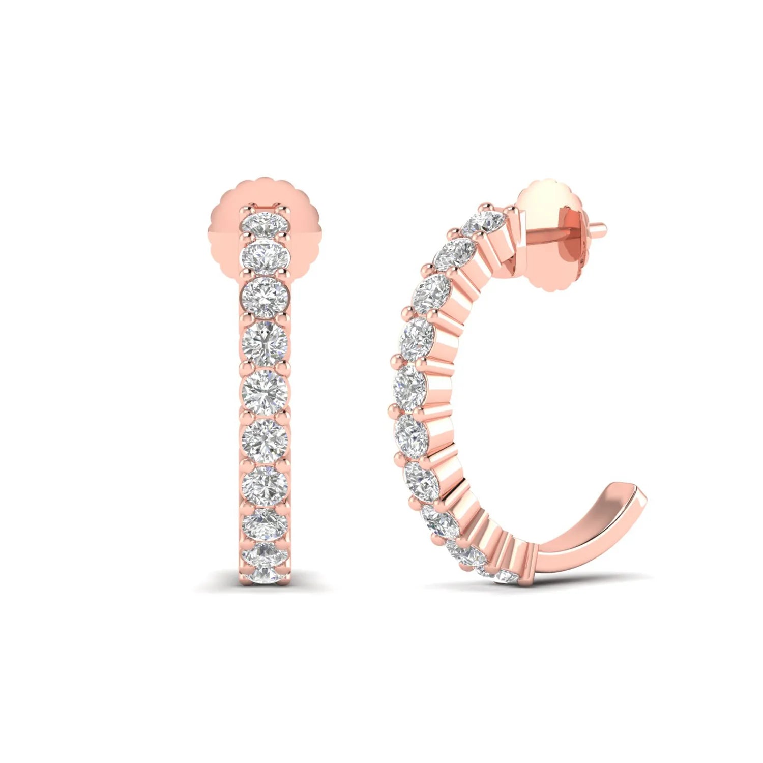 rose gold Round cut lab grown diamond half hoop earrings with prong setting and push back closure