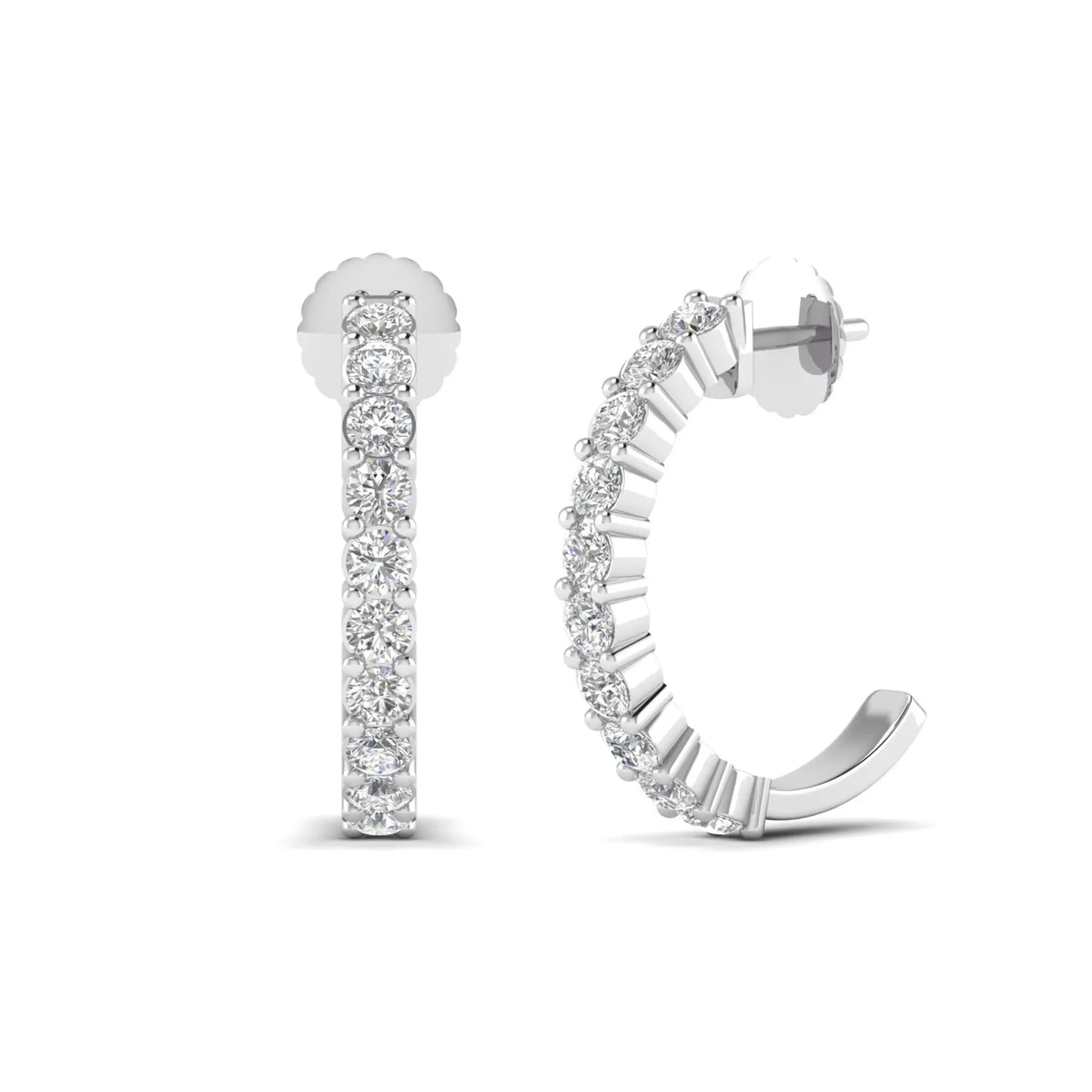 white gold Round cut lab grown diamond half hoop earrings with prong setting and push back closure