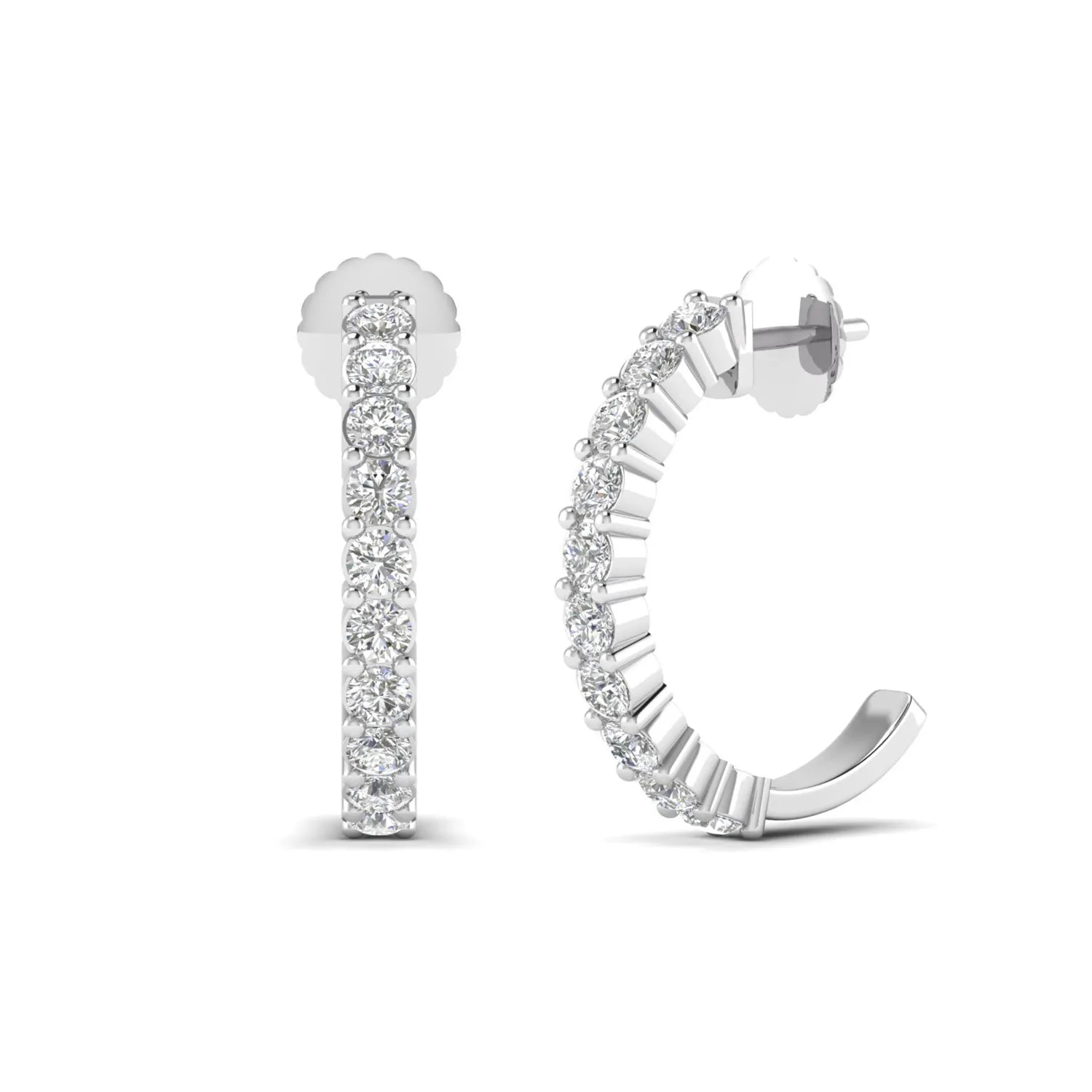 white gold Round cut lab grown diamond half hoop earrings with prong setting and push back closure