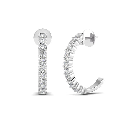 white gold Round cut lab grown diamond half hoop earrings with prong setting and push back closure