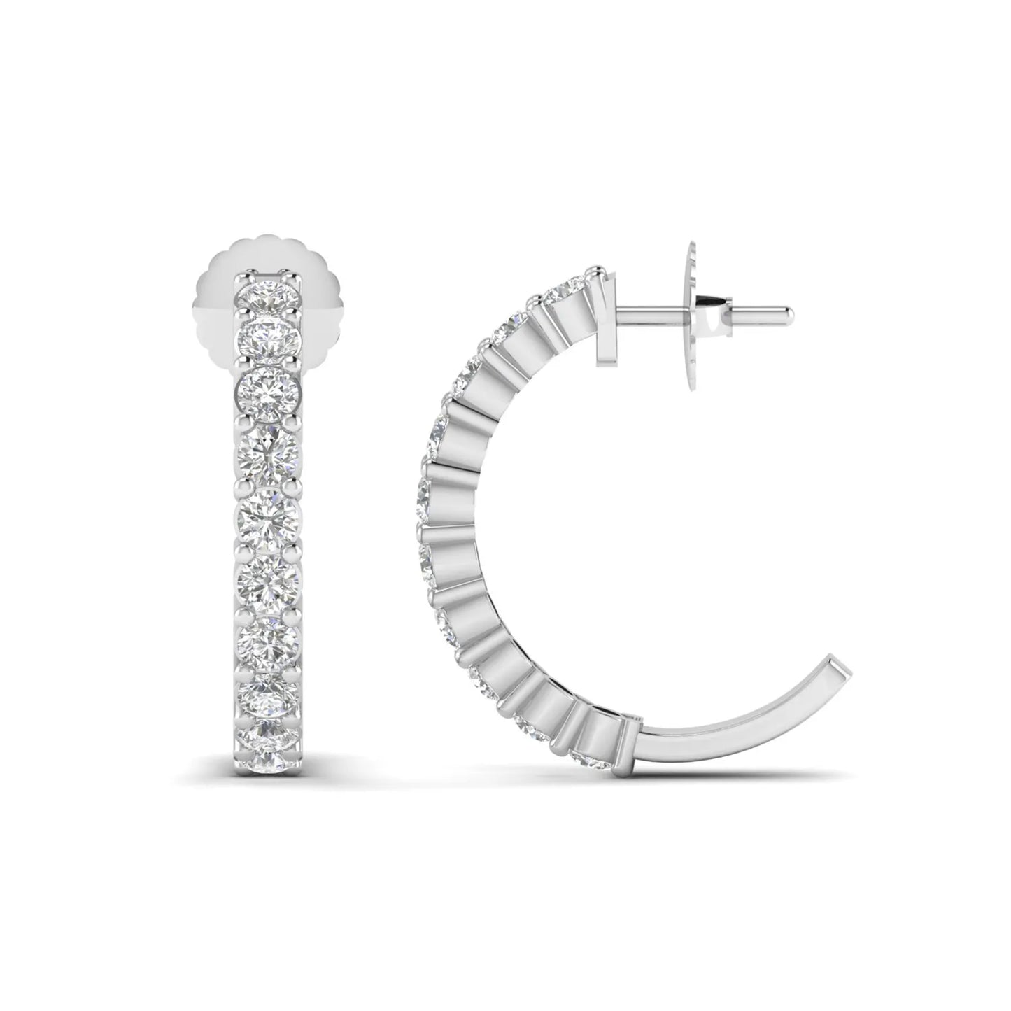 white gold Round cut lab grown diamond half hoop earrings with prong setting and push back closure