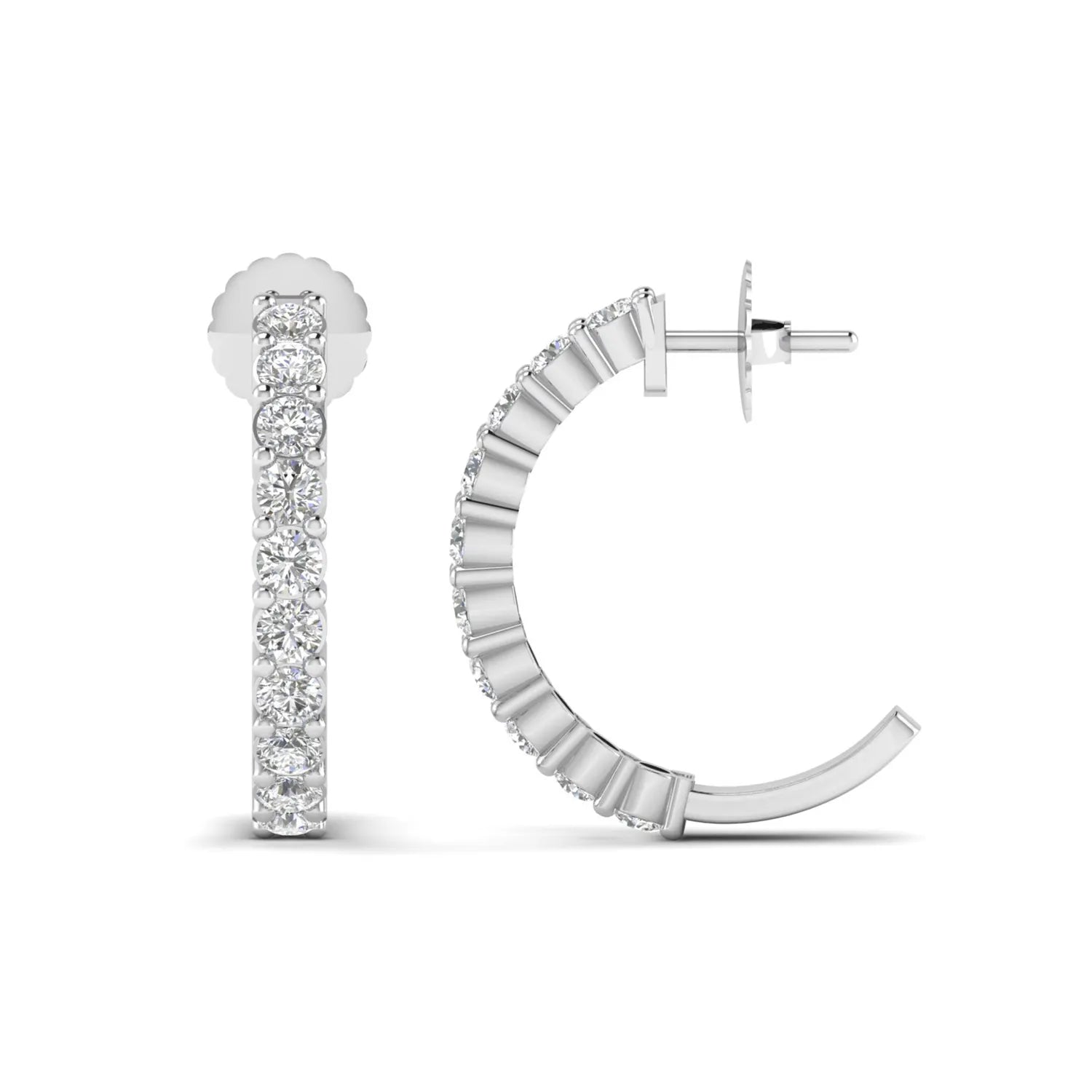 white gold Round cut lab grown diamond half hoop earrings with prong setting and push back closure
