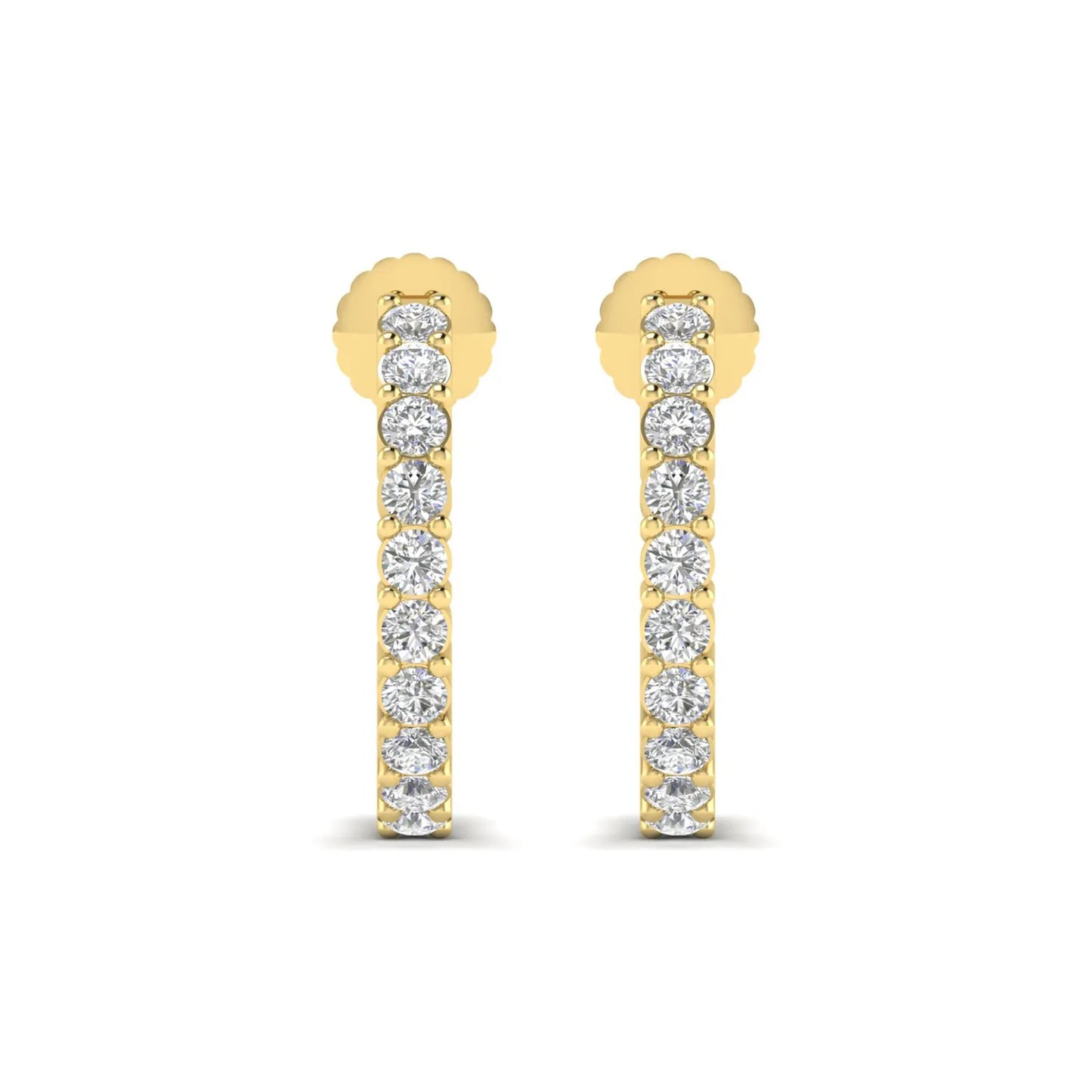 yellow gold Round cut lab grown diamond half hoop earrings with prong setting and push back closure