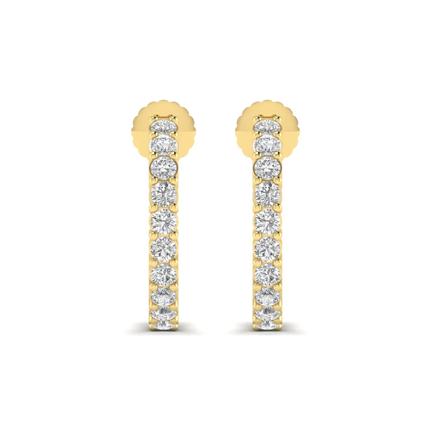 yellow gold Round cut lab grown diamond half hoop earrings with prong setting and push back closure