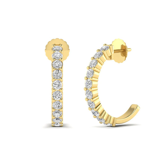 yellow gold Round cut lab grown diamond half hoop earrings with prong setting and push back closure