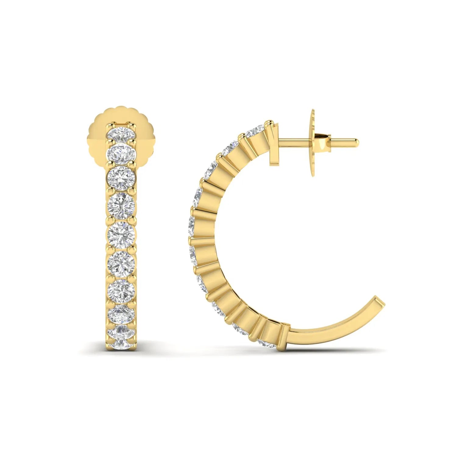 yellow gold Round cut lab grown diamond half hoop earrings with prong setting and push back closure