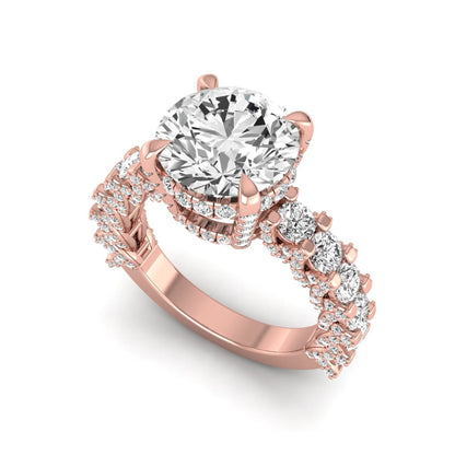 Round prong set lab grown diamond hidden halo engagement ring featuring a 9.45 mm round center diamond with pavé cathedral band and graduated round side diamonds in rose gold