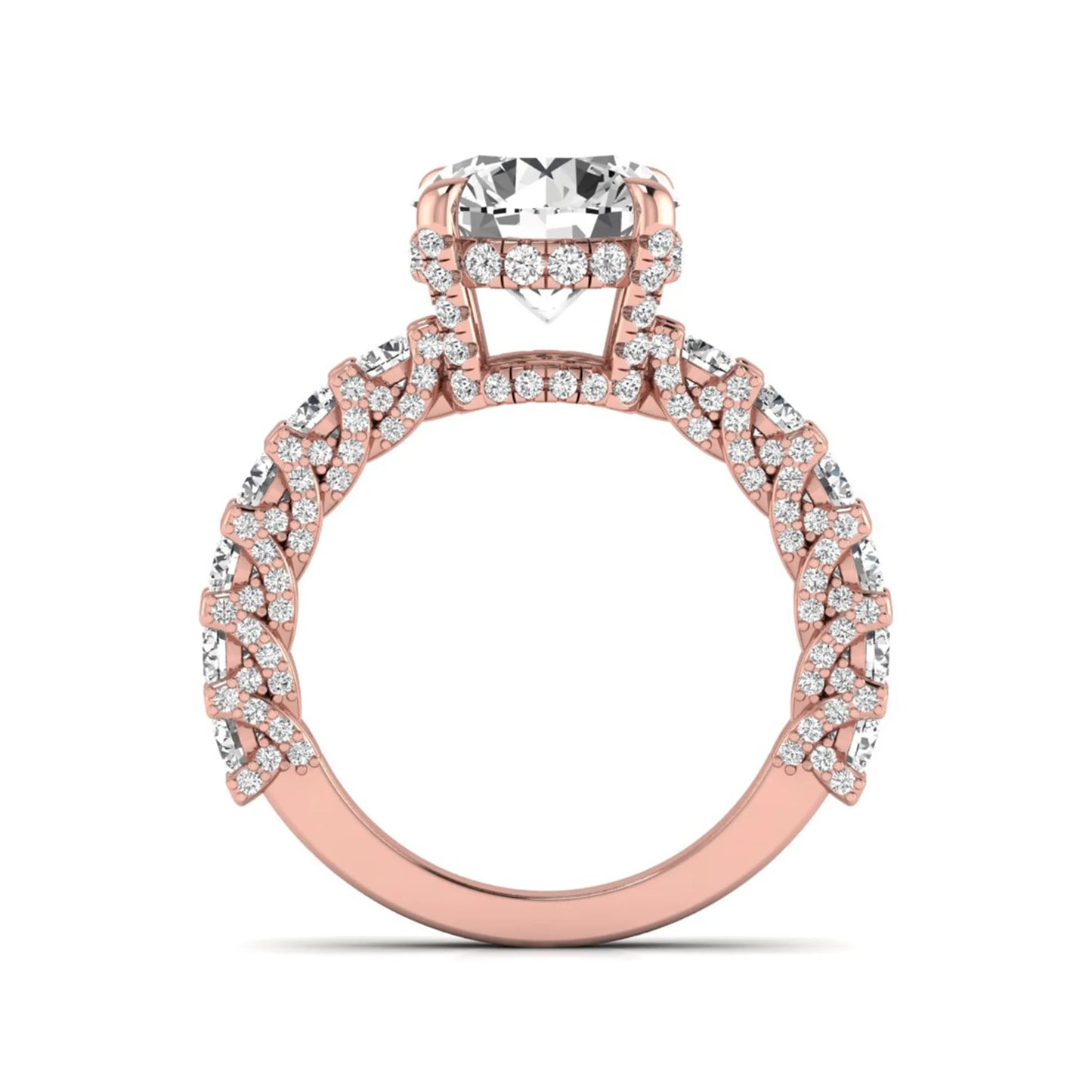Round prong set lab grown diamond hidden halo engagement ring featuring a 9.45 mm round center diamond with pavé cathedral band and graduated round side diamonds in rose gold