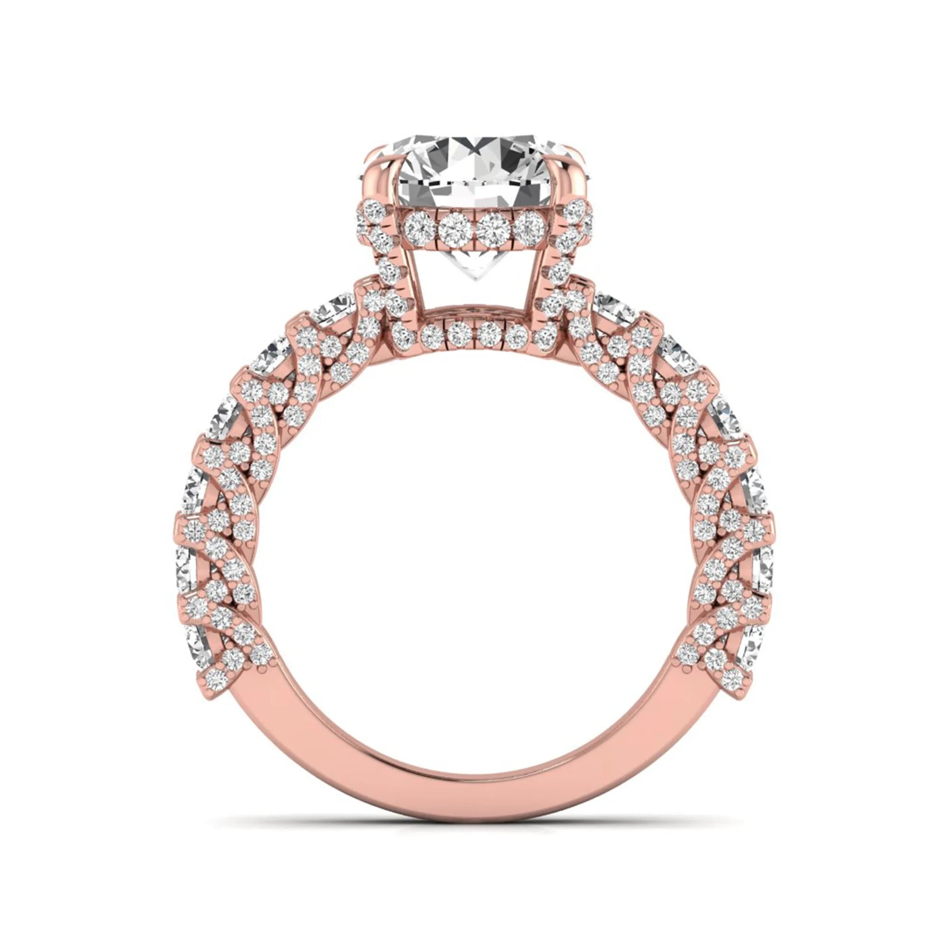Round prong set lab grown diamond hidden halo engagement ring featuring a 9.45 mm round center diamond with pavé cathedral band and graduated round side diamonds in rose gold