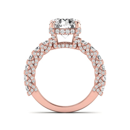 Round prong set lab grown diamond hidden halo engagement ring featuring a 9.45 mm round center diamond with pavé cathedral band and graduated round side diamonds in rose gold