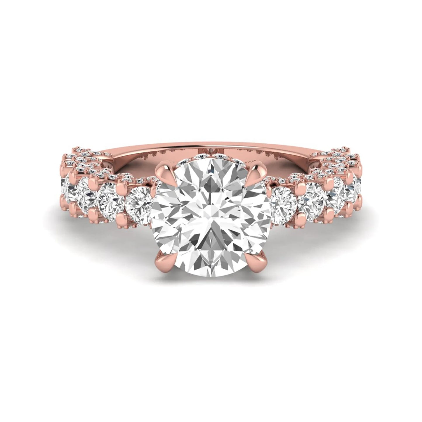 Round prong set lab grown diamond hidden halo engagement ring featuring a 9.45 mm round center diamond with pavé cathedral band and graduated round side diamonds in rose gold