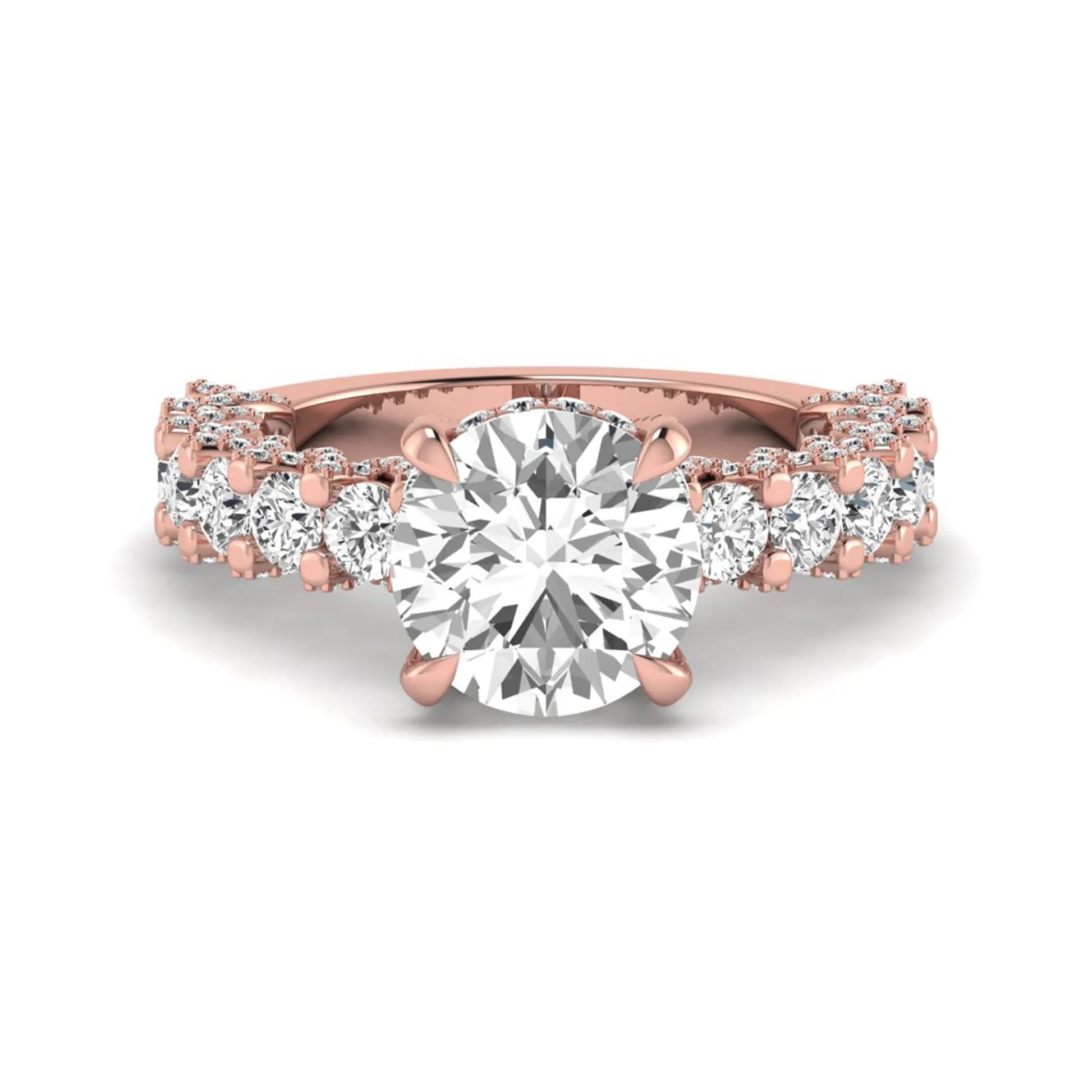 Round prong set lab grown diamond hidden halo engagement ring featuring a 9.45 mm round center diamond with pavé cathedral band and graduated round side diamonds in rose gold