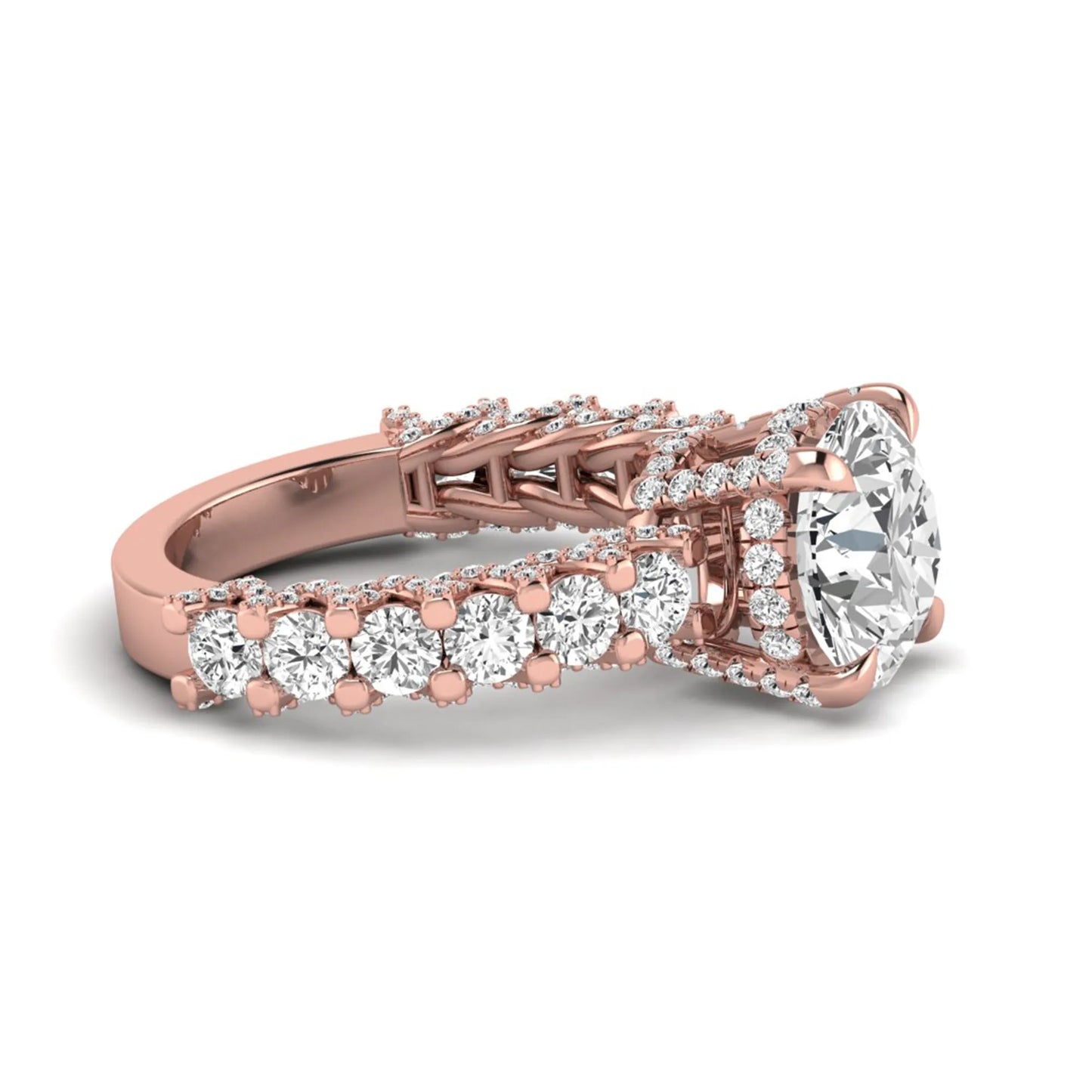 Round prong set lab grown diamond hidden halo engagement ring featuring a 9.45 mm round center diamond with pavé cathedral band and graduated round side diamonds in rose gold