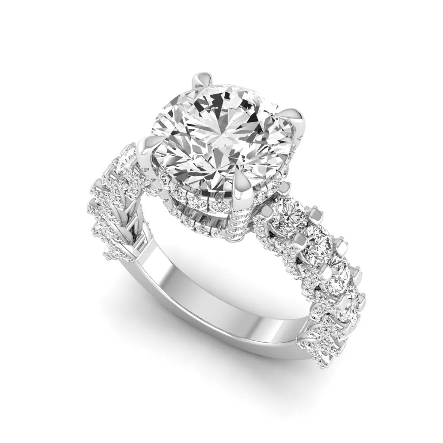 Round prong set lab grown diamond hidden halo engagement ring featuring a 9.45 mm round center diamond with pavé cathedral band and graduated round side diamonds in white gold