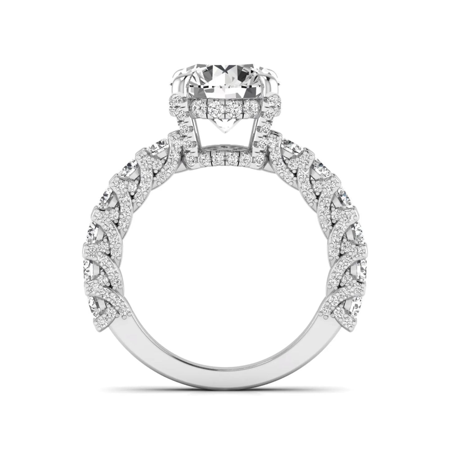 Round prong set lab grown diamond hidden halo engagement ring featuring a 9.45 mm round center diamond with pavé cathedral band and graduated round side diamonds in white gold