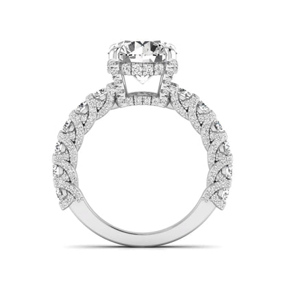 Round prong set lab grown diamond hidden halo engagement ring featuring a 9.45 mm round center diamond with pavé cathedral band and graduated round side diamonds in white gold