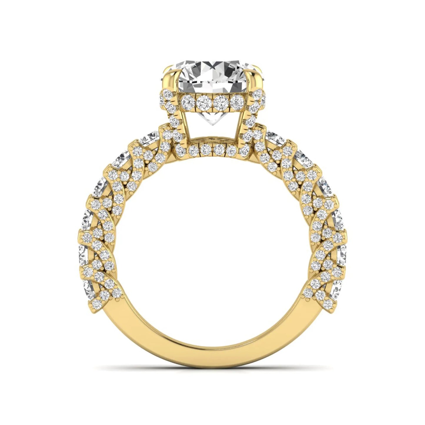 Round prong set lab grown diamond hidden halo engagement ring featuring a 9.45 mm round center diamond with pavé cathedral band and graduated round side diamonds in yellow gold